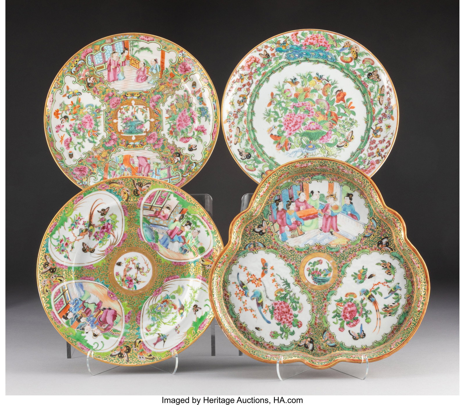 Four Chinese Export Famille Rose Dishes, 19th ce: Four Chinese Export Famille Rose Dishes, 19th century 1 x 10-3/4 x 11-1/4 inches (2.5 x 27.3 x 28.6 cm) (largest, trifoil-form plate) The l