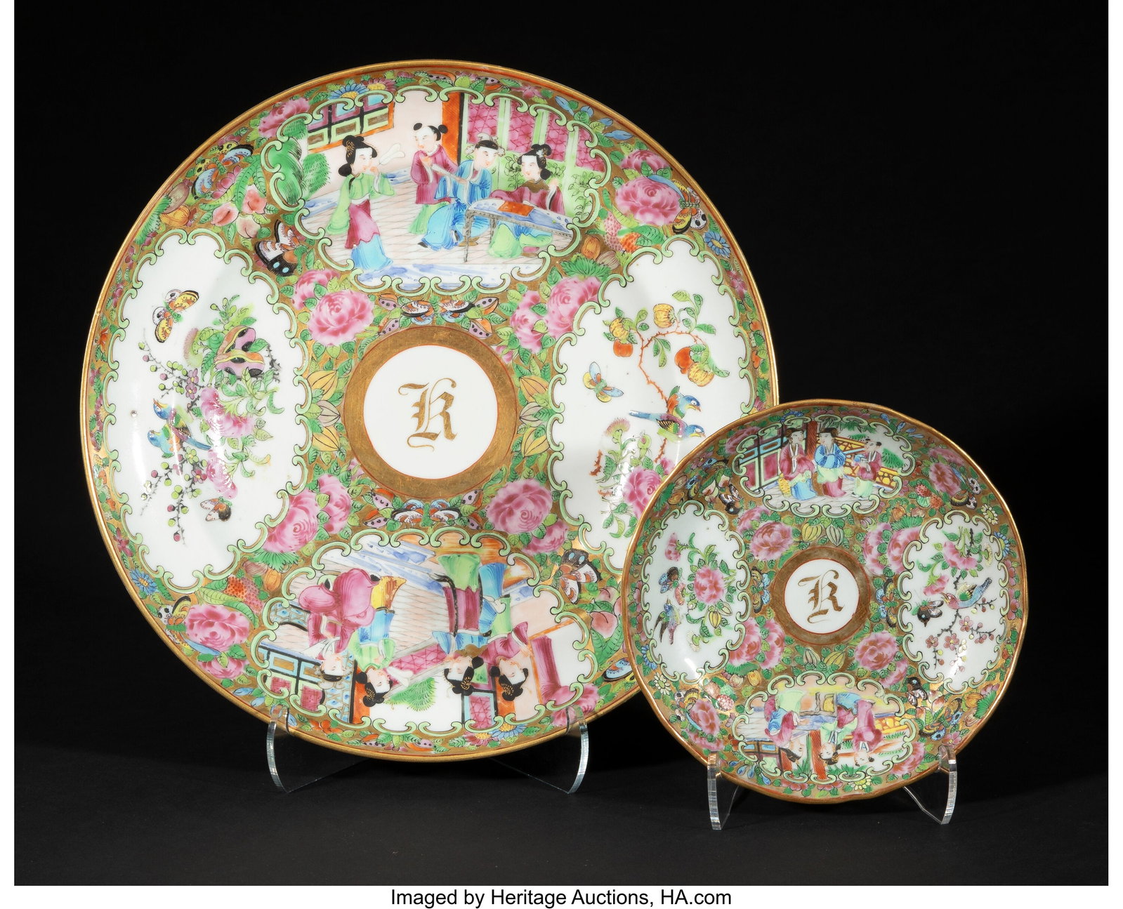 Two Chinese Export Rose Medallion Monogrammed Di: Two Chinese Export Rose Medallion Monogrammed Dishes, mid 19th century 1-3/4 x 10 x 10 inches (4.4 x 25.4 x 25.4 cm) (largest) Monogram: K The 