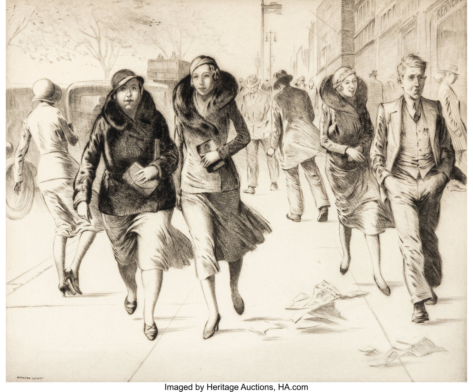 Martin Lewis (American, 1881-1962) Windy Day, 19: Martin Lewis (American, 1881-1962) Windy Day, 1932 Drypoint on wove paper 9-7/8 x 11-3/4 inches (25.1 x 29.8 cm) (sheet) Signed in penci
