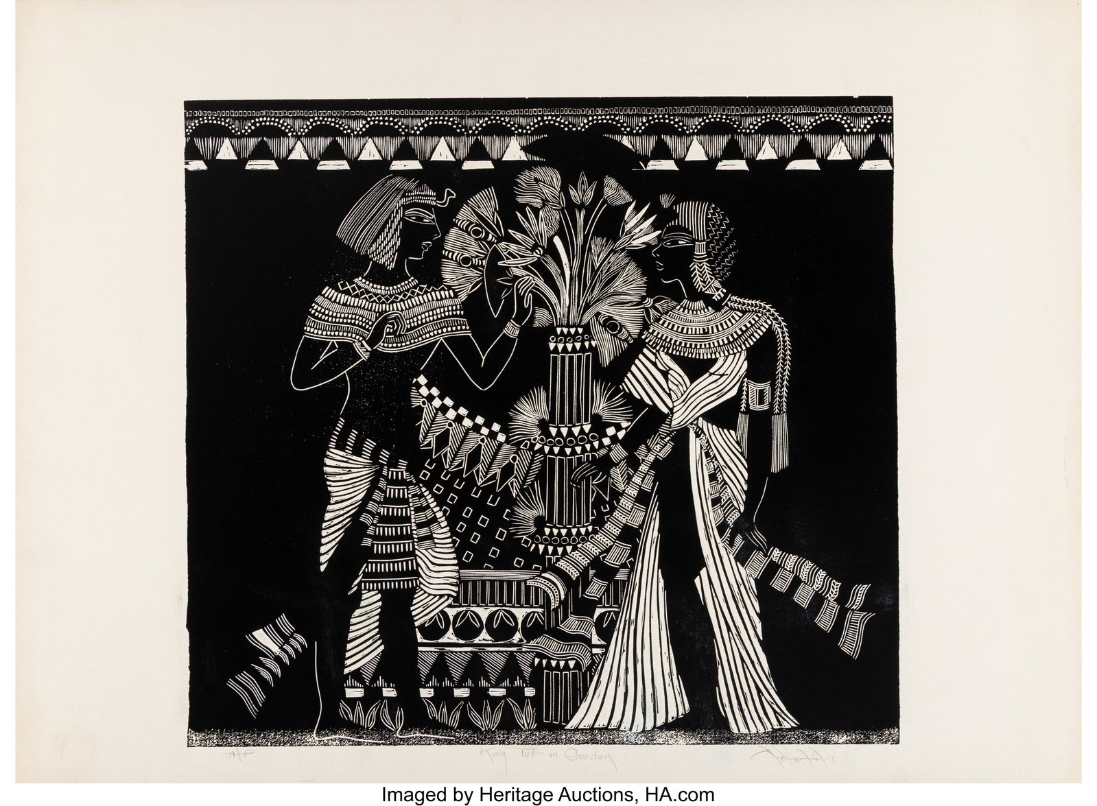 Nefertiti Goodman (American, b. 1950) King Tut i: Nefertiti Goodman (American, b. 1950) King Tut in the Garden Linocut on wove paper 22-1/4 x 30 inches (56.5 x 76.2 cm) (sheet) A/P Sign