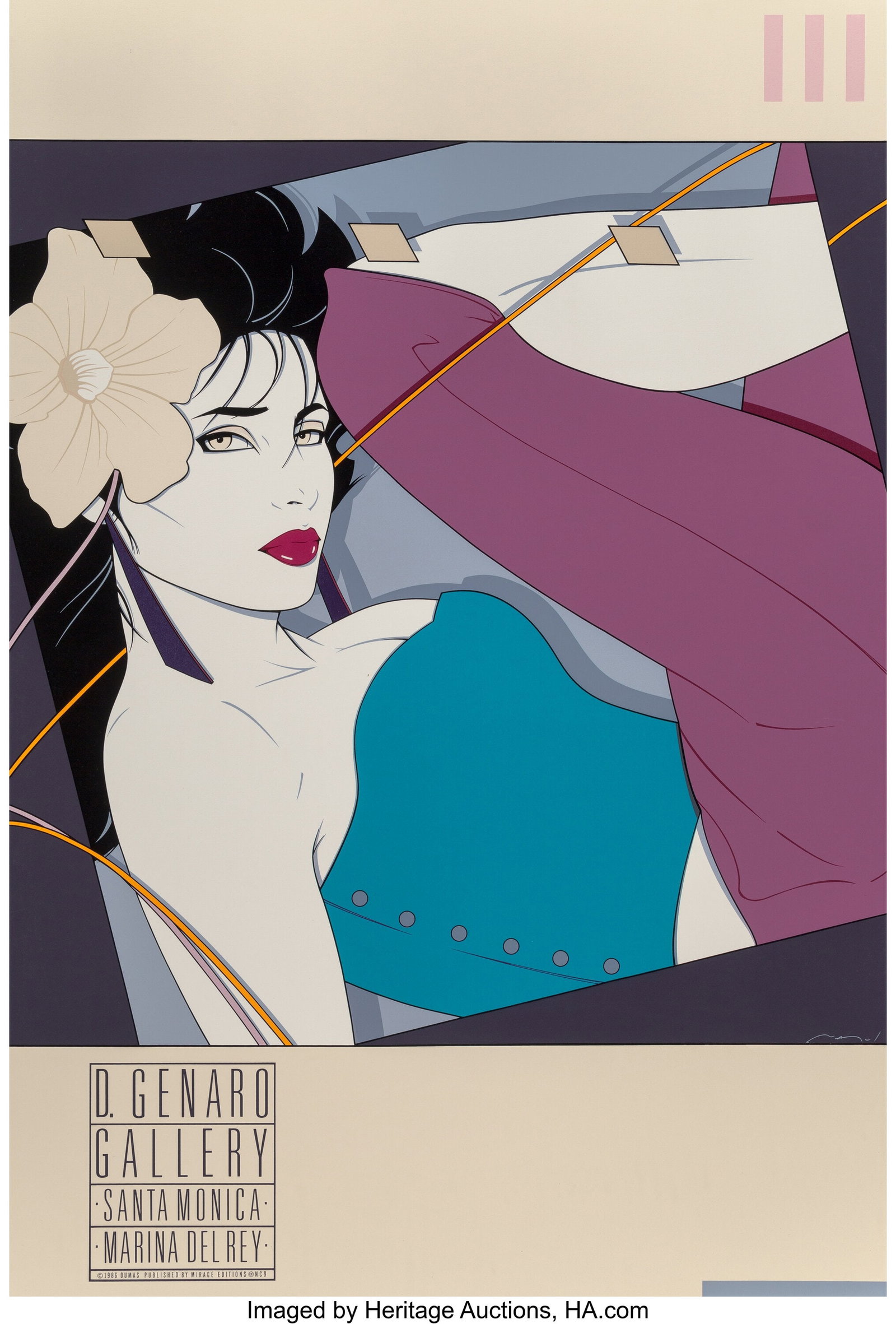 After Patrick Nagel (American, 1945-1984) D. Gen: After Patrick Nagel (American, 1945-1984) D. Genero Gallery, Santa Monica, Commemorative #9, 1986 Serigraph in colors on paper 35 x 24 inches