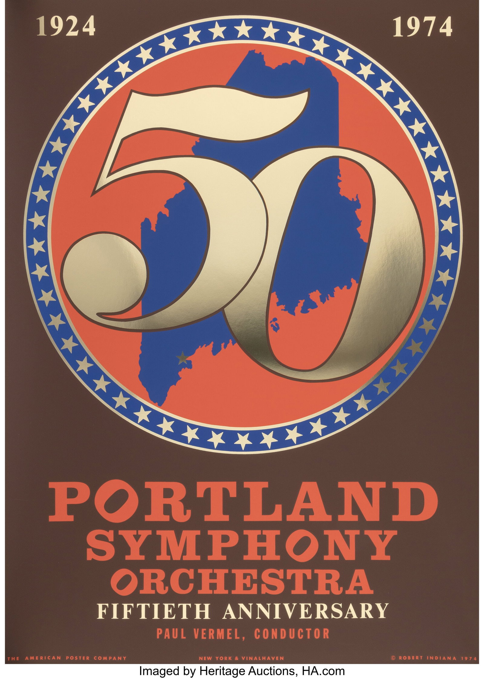 Robert Indiana (American, 1928-2018) 50th Annive: Robert Indiana (American, 1928-2018) 50th Anniversary Portland Symphony Orchestra, 1974 Screenprint in colors with gold foil on paper 35 x 25 inches (88.9 x
