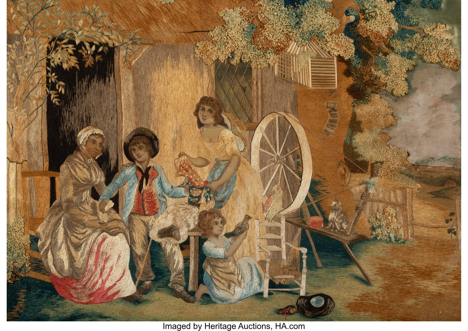 A Framed Silk Embroidered and Watercolor Panel, : A Framed Silk Embroidered and Watercolor Panel, circa 1800 11-1/4 x 15-7/8 inches (28.6 x 40.3 cm) (sight) HID03101062020 © 2026 Heritage Auctions