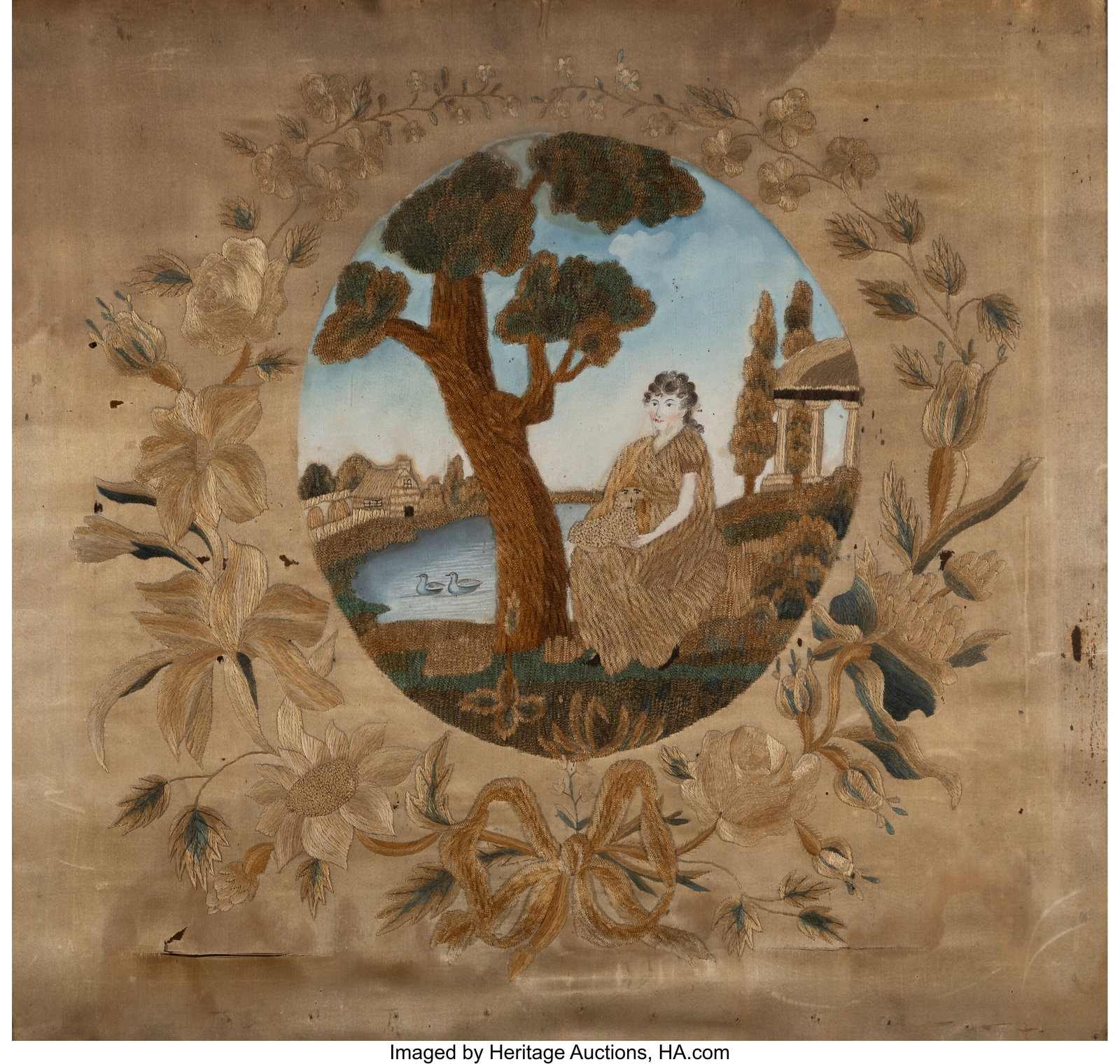 A Framed Silk Embroidered and Painted Panel, cir: A Framed Silk Embroidered and Painted Panel, circa 1800 17-1/8 x 18-3/8 inches (43.5 x 46.7 cm) (sight) HID03101062020 © 2026 Heritage Auctions