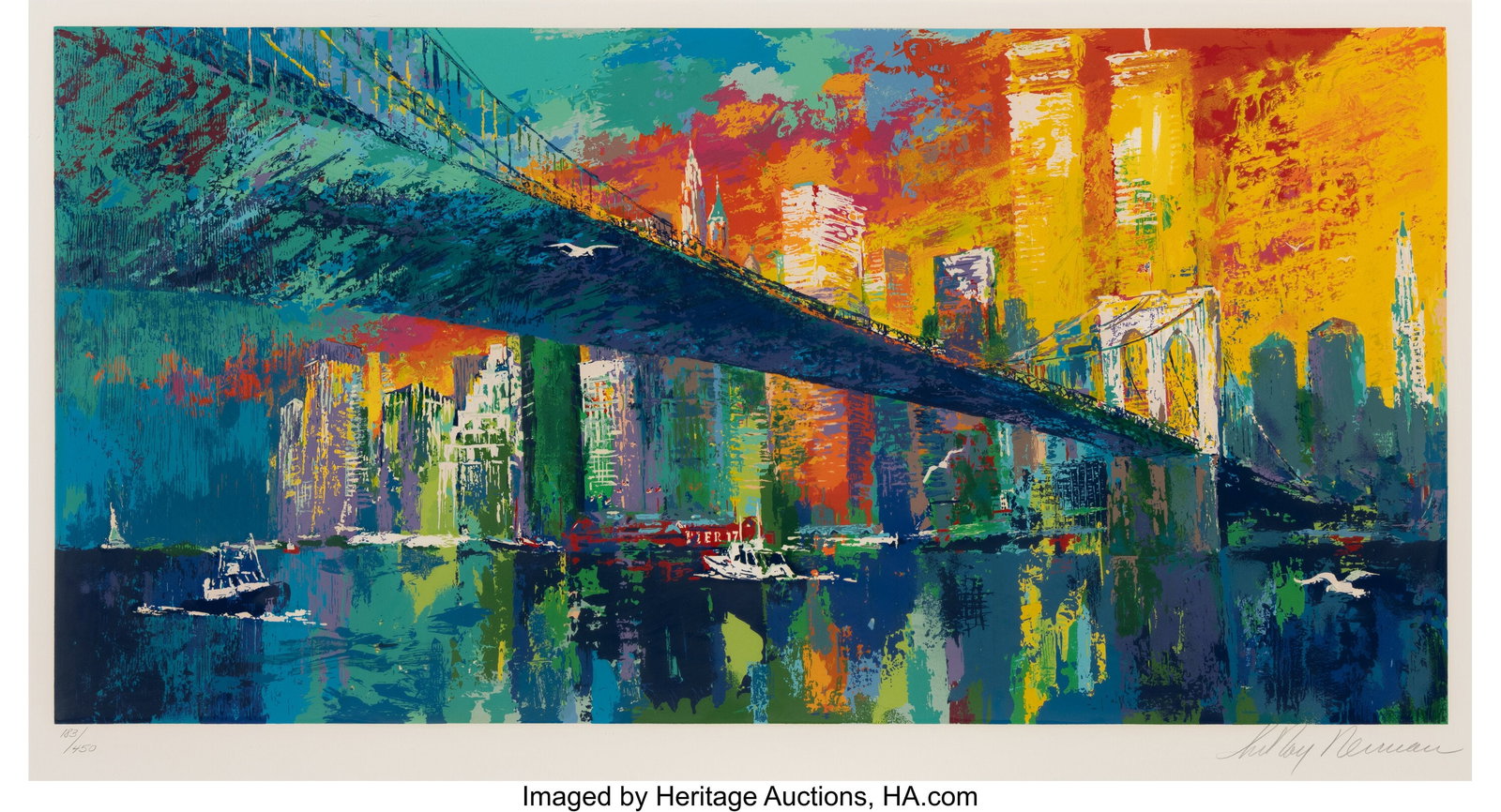 LeRoy Neiman (1921-2012) Brooklyn Bridge, 1995 S: LeRoy Neiman (1921-2012) Brooklyn Bridge, 1995 Screenprint in colors on wove paper 23-1/2 x 43-1/2 inches (59.7 x 110.5 cm) (sight) Ed.