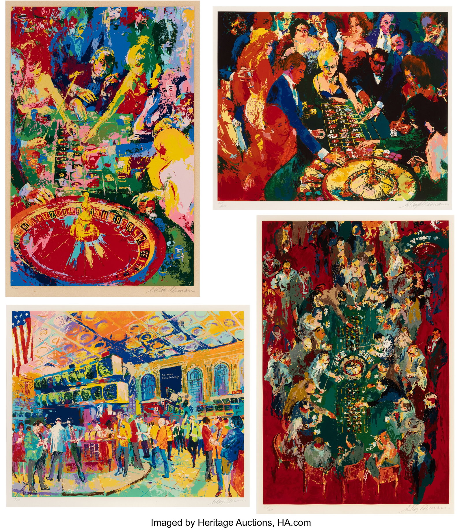 LeRoy Neiman (1921-2012) Roulette II; American S: LeRoy Neiman (1921-2012) Roulette II; American Stock Exchange; Gaming Table; The Green Table (four works), 1996; 1986; 1990; 1974 Screenprints i