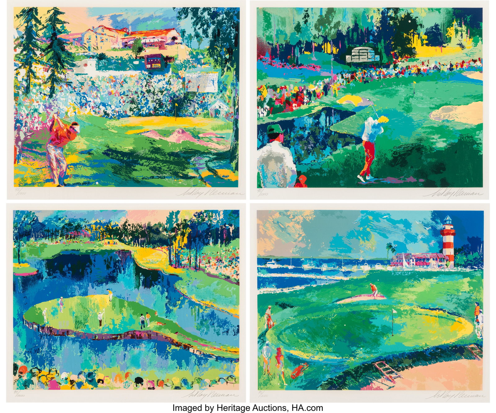 LeRoy Neiman (1921-2012) Island Hole at Sawgrass: LeRoy Neiman (1921-2012) Island Hole at Sawgrass; 16th at Augusta; 18th at Harbourtown; Amphitheatre at Riviera (four works), 2001; 1992; 1992; 