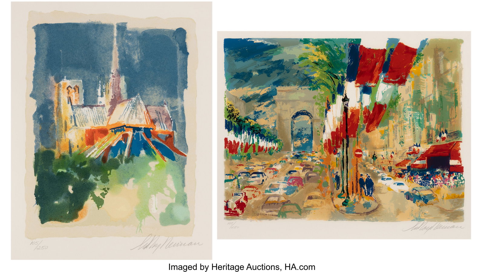 LeRoy Neiman (1921-2012) Paris Arc II; Notre Dam: LeRoy Neiman (1921-2012) Paris Arc II; Notre Dame (two works), 1994 Screenprints in colors on wove paper 20-1/2 x 25 inches (52.1 x 63.5 cm) 