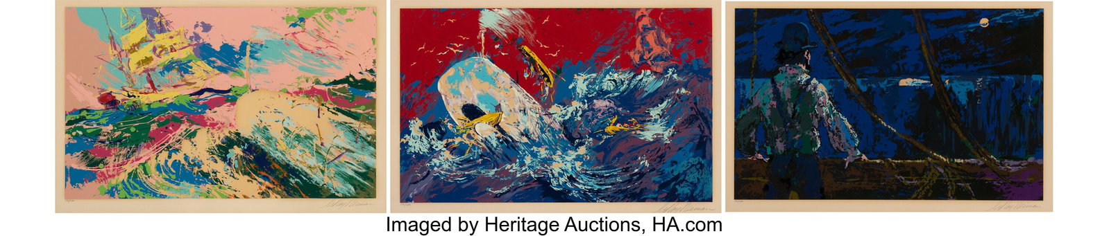 LeRoy Neiman (1921-2012) Moby Dick Assulting the: LeRoy Neiman (1921-2012) Moby Dick Assulting the Piquod; Ahab at the Night Watch; Moby Dick (three works), circa 1977 Screenprints in colors on wove paper 21-1/