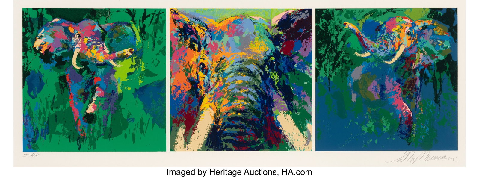 LeRoy Neiman (1921-2012) Elephant Triptych, 2002: LeRoy Neiman (1921-2012) Elephant Triptych, 2002 Screenprint in colors on wove paper 14 x 38 inches (35.6 x 96.5 cm) (sight) Ed. 379/425 Si