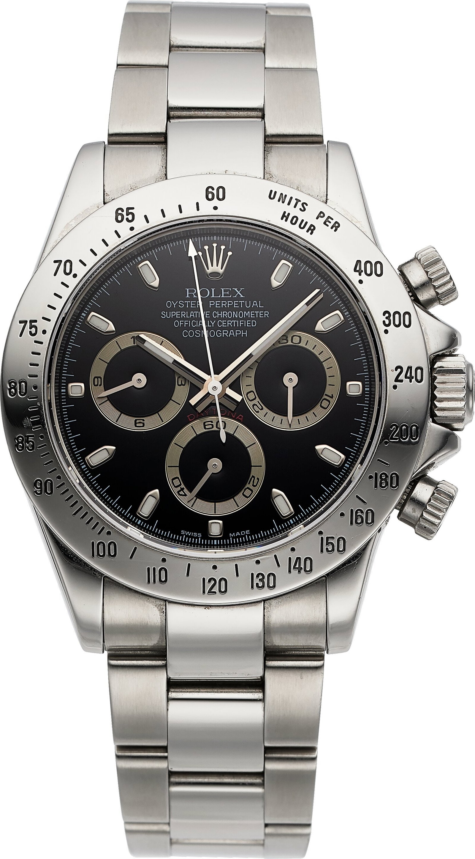 Rolex Oyster Perpetual Cosmograph Daytona, Ref. : Rolex Oyster Perpetual Cosmograph Daytona, Ref. 116520 Case: 40 mm, stainless steel, three body, screw-down case back, fixed domed bezel, No. M6