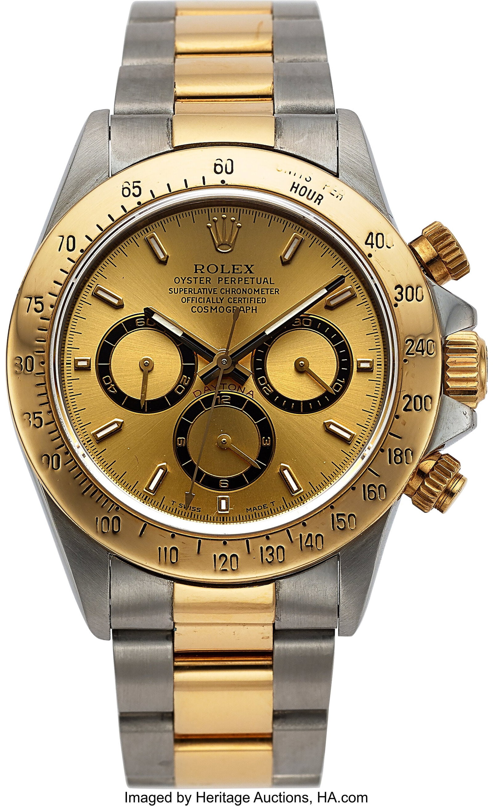 Rolex Oyster Perpetual Cosmograph Daytona, Two T: Rolex Oyster Perpetual Cosmograph Daytona, Two Tone Steel and 18k Yellow Gold, Ref. 16523 Case: 40 mm, stainless steel and 18k yellow gold, three body, screw