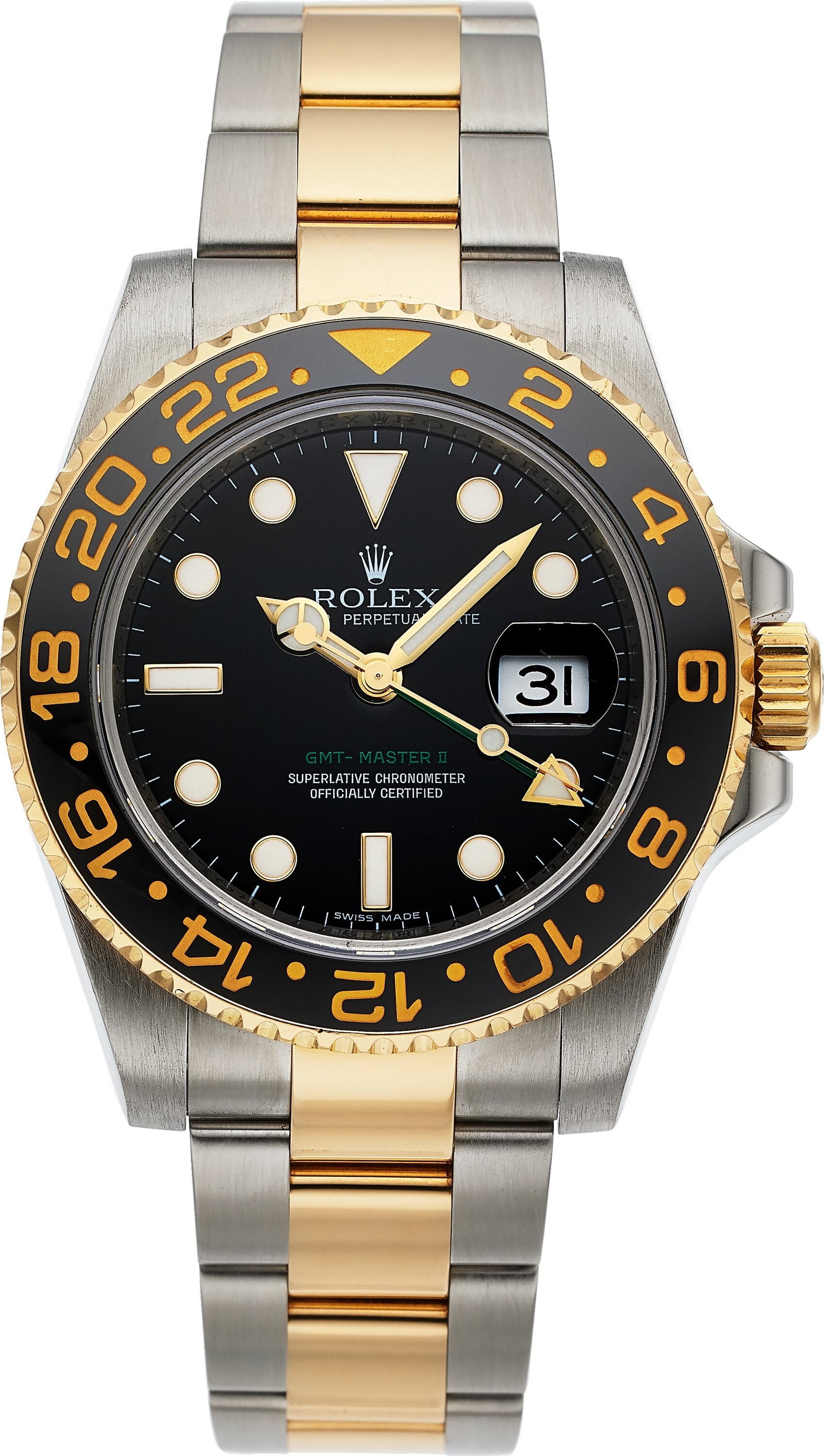 Rolex Date GMT Master, Two Tone Steel and 18k Ye: Rolex Date GMT Master, Two Tone Steel and 18k Yellow Gold, Full Set, Ref. 116713LN Case: 40 mm, stainless steel and 18k yellow gold, three body, screw-