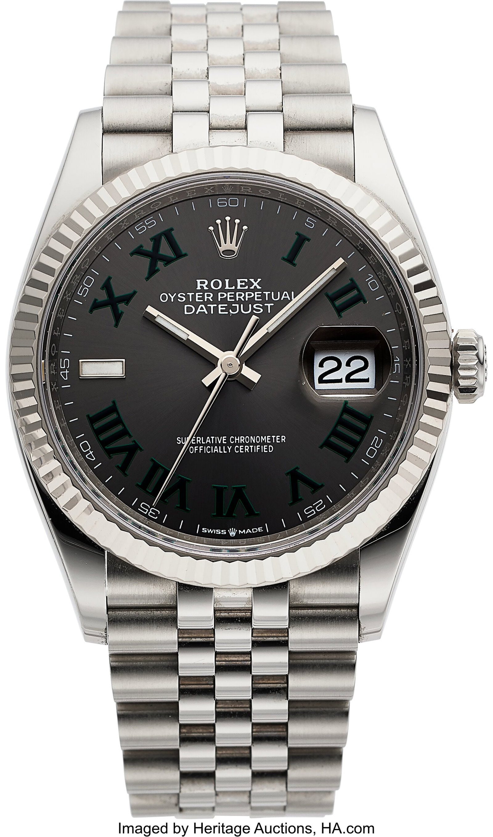 Rolex Oyster Perpetual Datejust, "Wimbledon" Dia: Rolex Oyster Perpetual Datejust, "Wimbledon" Dial, Stainless Steel and 18k White Gold, Ref. 126234 Case: 36 mm, stainless steel and 18k white gold, three bod