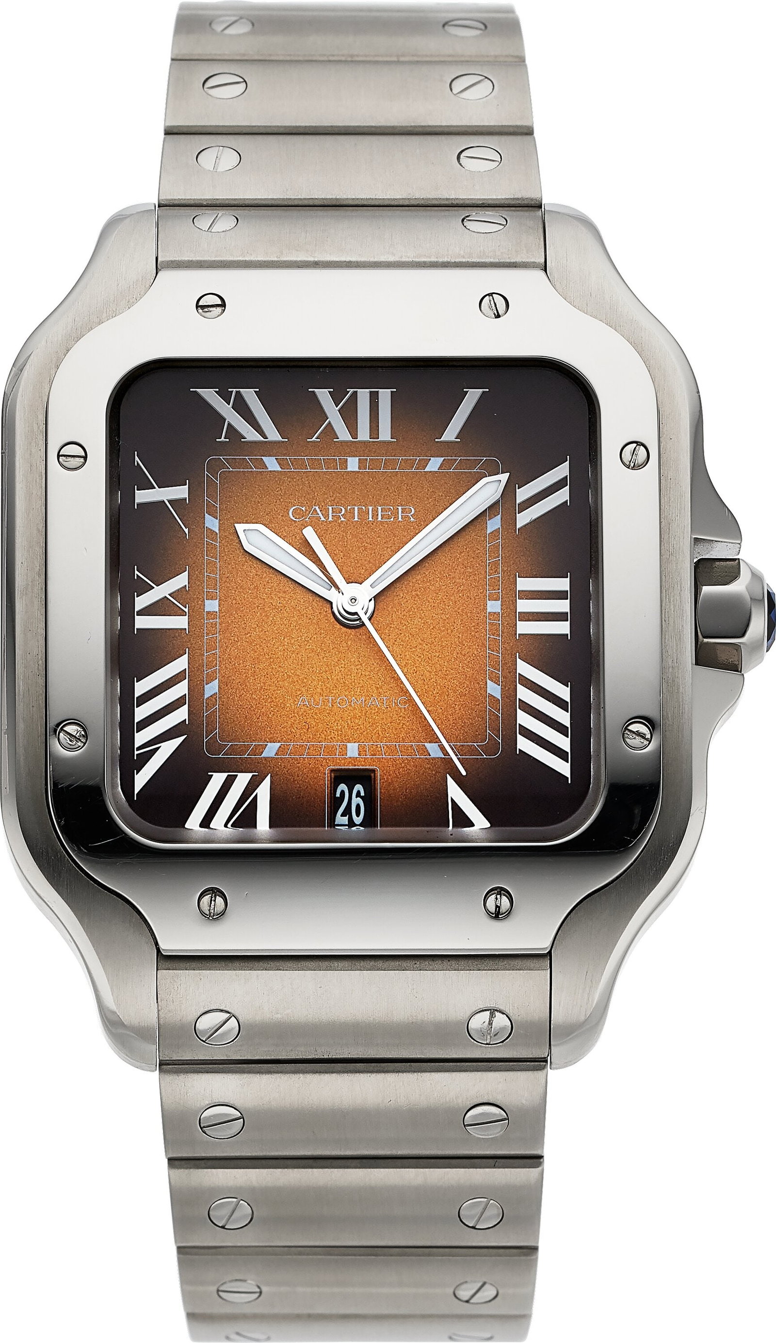 Cartier Santos Large Model, Brown Dial, Ref. 407: Cartier Santos Large Model, Brown Dial, Ref. 4072 Case: 37 mm, stainless steel, three body, eight screw case back, No. 421454DY Dial: ligh