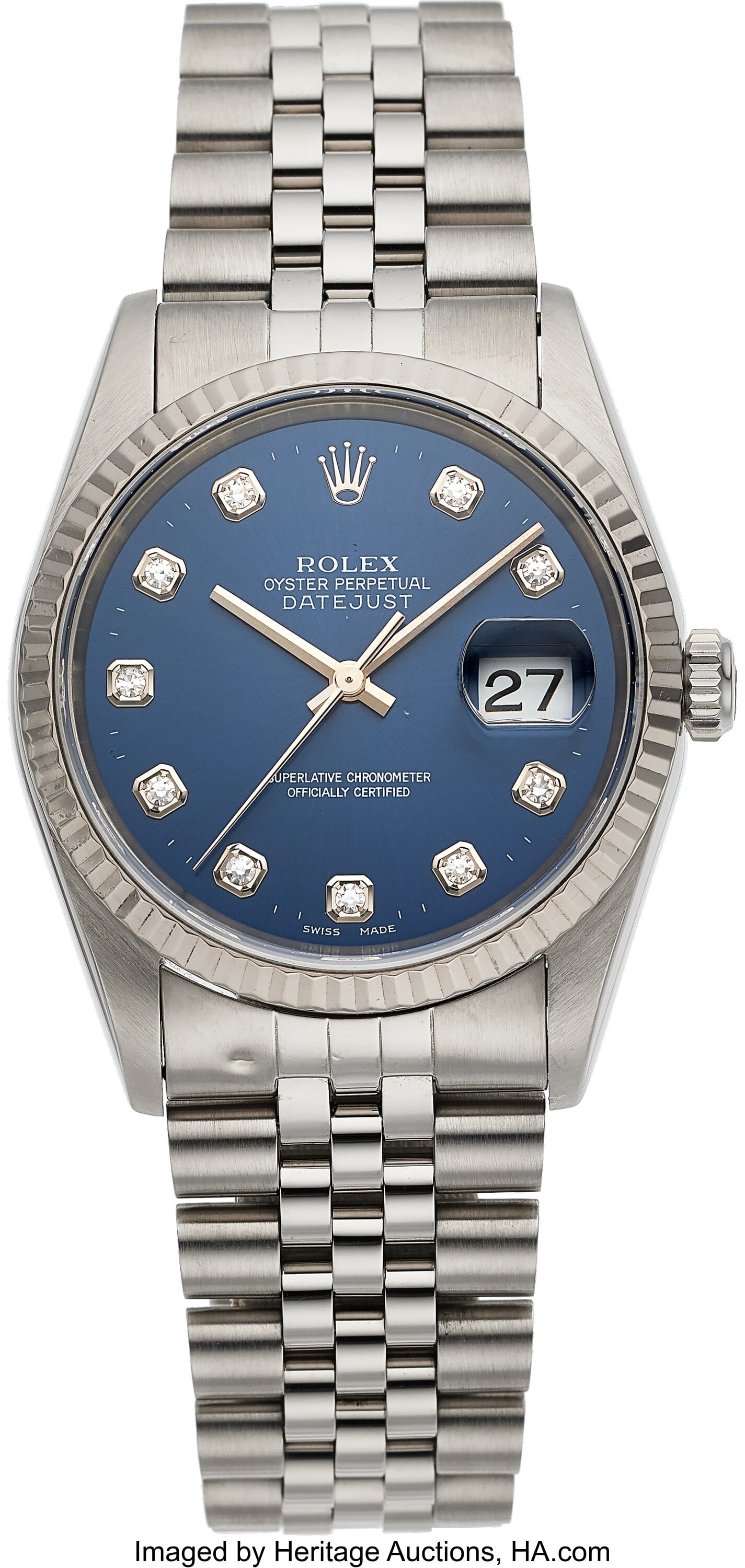 Rolex Oyster Perpetual Datejust, Steel and 18k W: Rolex Oyster Perpetual Datejust, Steel and 18k White Gold, Diamond Set Dial, Ref. 16234 Case: 36 mm, stainless steel and 18k white gold, three body, sc