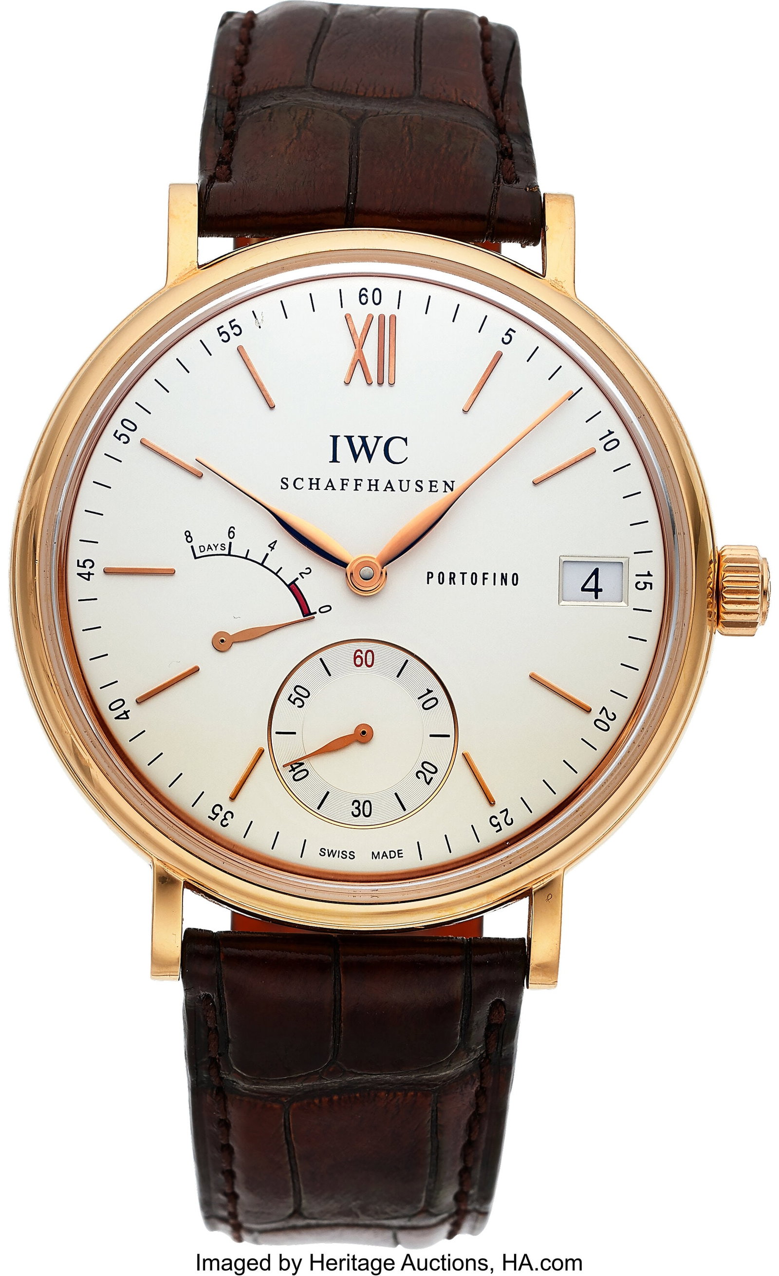 IWC Portofino Hand-Wound Eight Days, 18k Rose Go: IWC Portofino Hand-Wound Eight Days, 18k Rose Gold, Ref. IW510107 Case: 45 mm, 18k yellow gold, three body, six screw exhibition case back, No. 