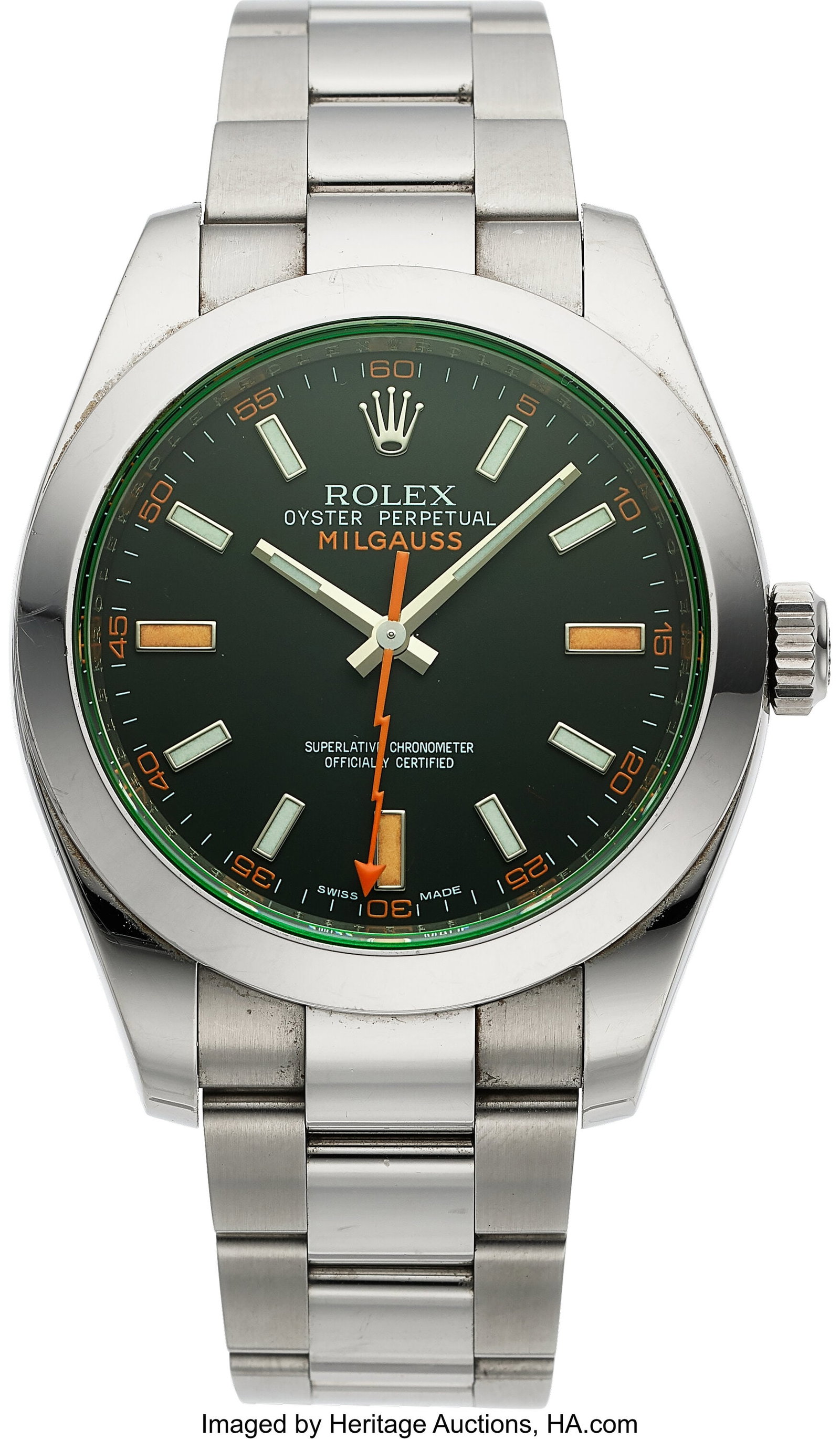 Rolex Milgauss, Green Tinted Crystal, Full Set, : Rolex Milgauss, Green Tinted Crystal, Full Set, Ref. 116400 Case: 40 mm, stainless steel, three body, screw-down case back and crown, fixed domed