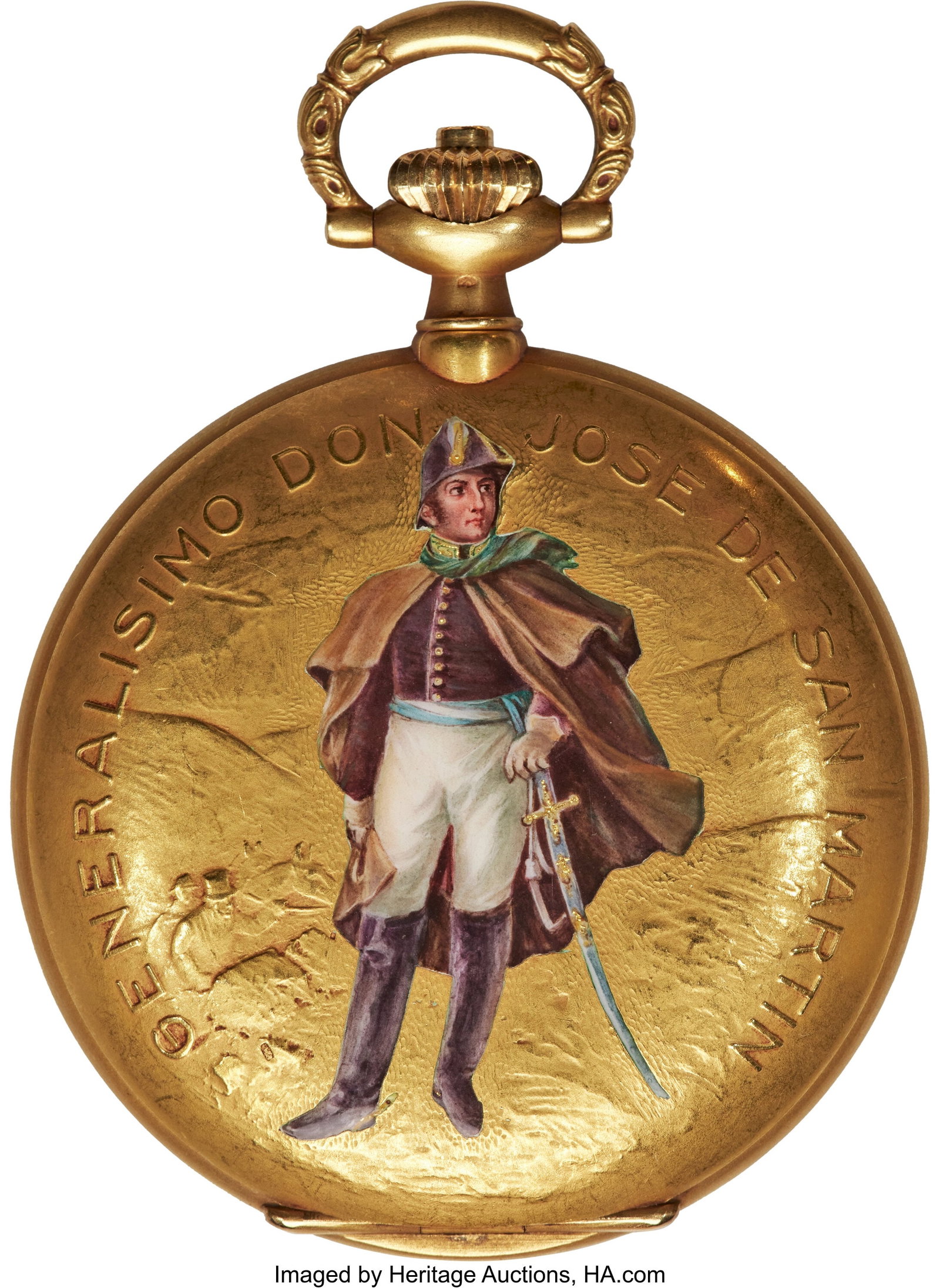 Longines, 18k Gold & Enamel Commemorative Presen: Longines, 18k Gold & Enamel Commemorative Presentation Watch, Gold Chain, circa 1921 Case: 52 mm, 18k gold watch case and chain, four body, front with pol