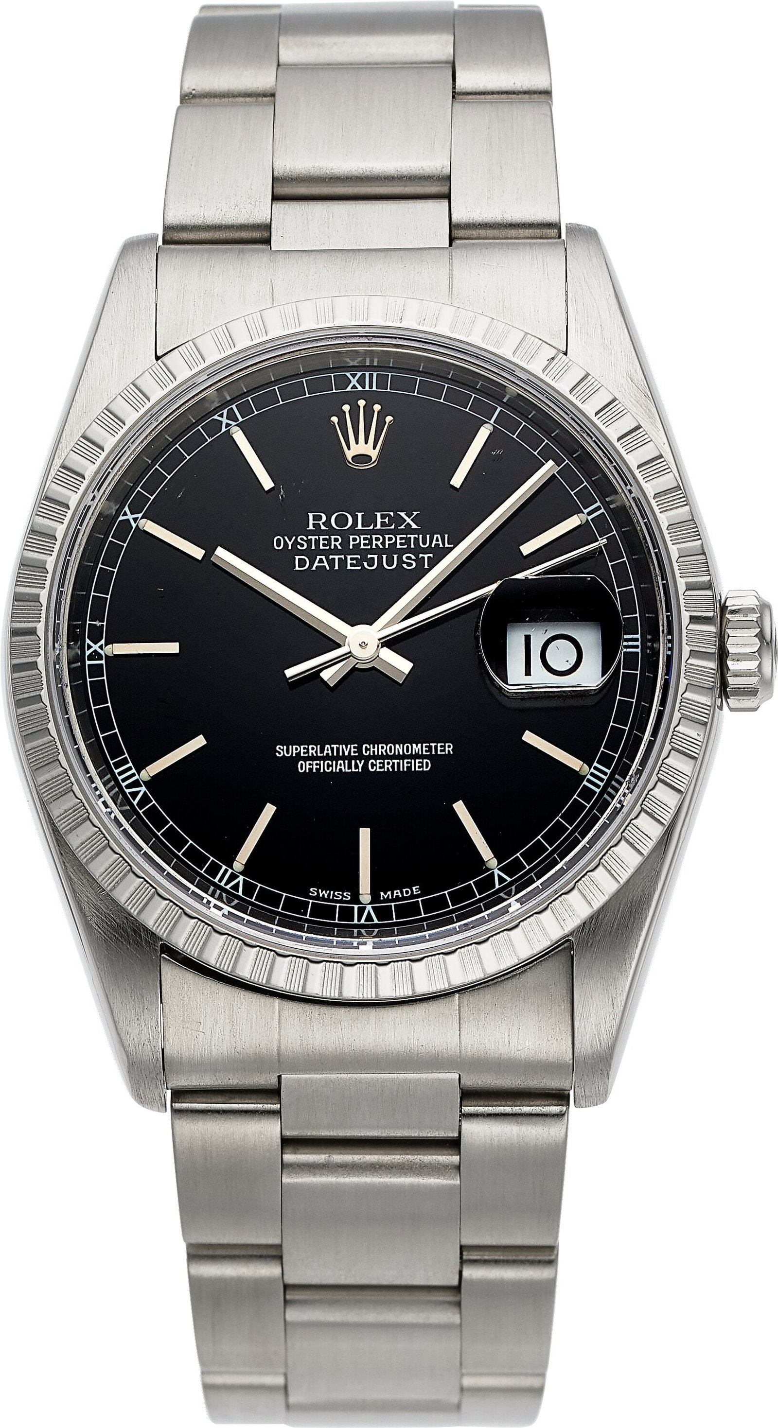 Rolex Oyster Perpetual Datejust, 36 mm, Stainles: Rolex Oyster Perpetual Datejust, 36 mm, Stainless Steel, Ref. 16220 Case: 36 mm, stainless steel, three body, screw-down case back and crown, fix