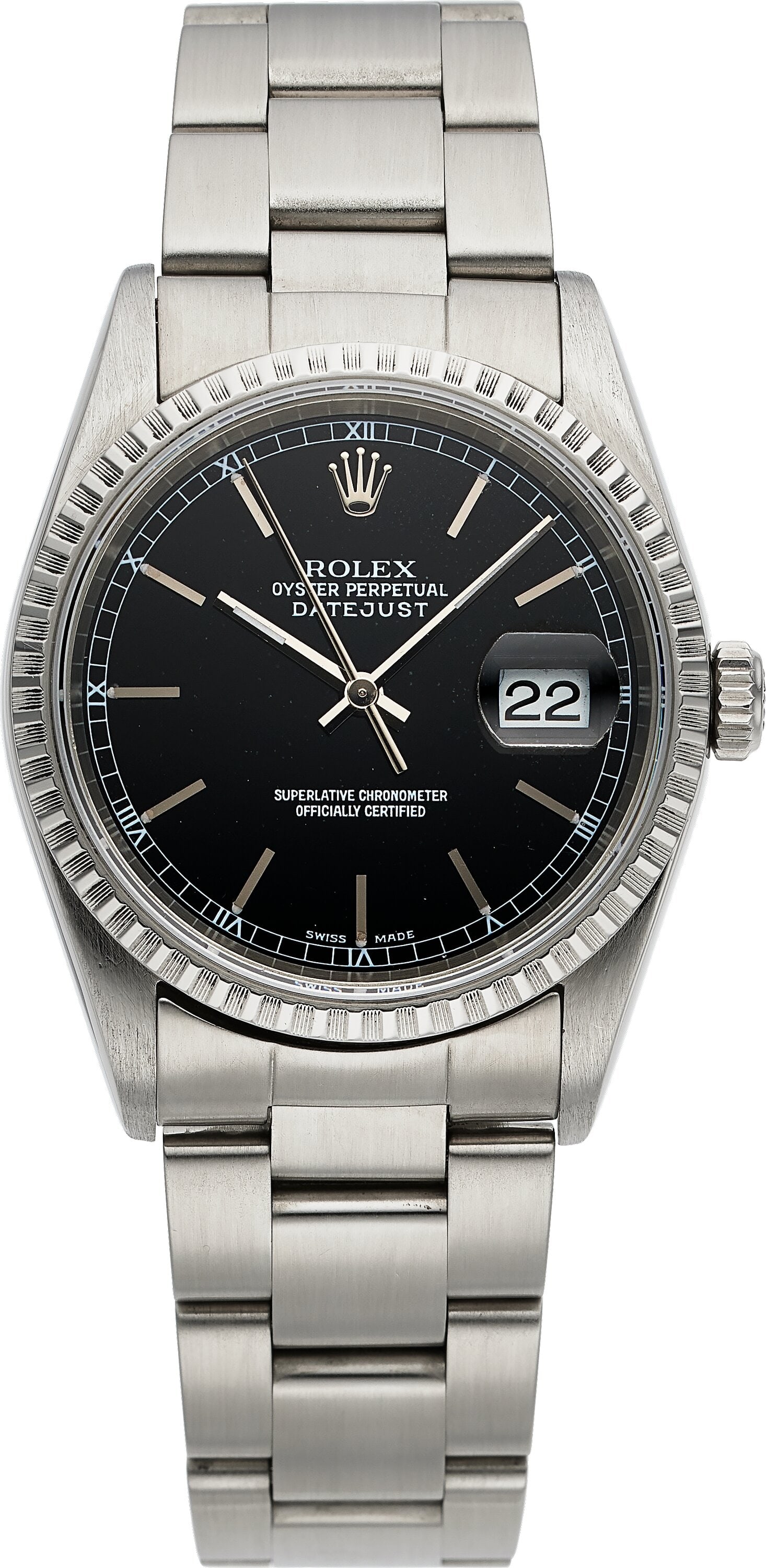 Rolex Oyster Perpetual Datejust, Stainless Steel: Rolex Oyster Perpetual Datejust, Stainless Steel, Ref. 16220 Case: 36 mm, stainless steel, three body, screw-down case back and crown, fixed fluted bez