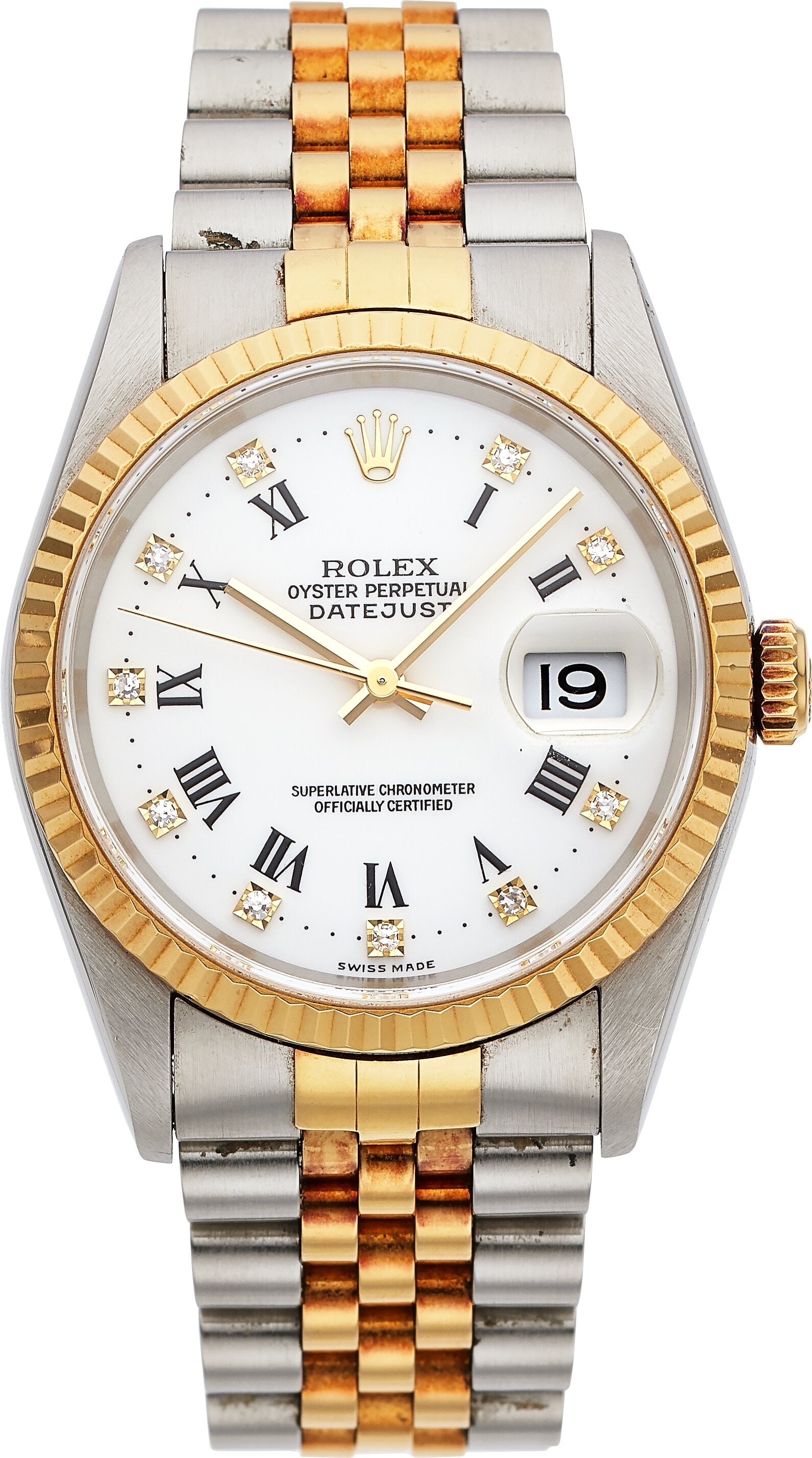Rolex Oyster Perpetual Datejust, Two Tone Steel : Rolex Oyster Perpetual Datejust, Two Tone Steel and 18k Yellow Gold, Ref. 16233 Case: 36 mm, stainless steel and 18k yellow gold, three body, screw-down case