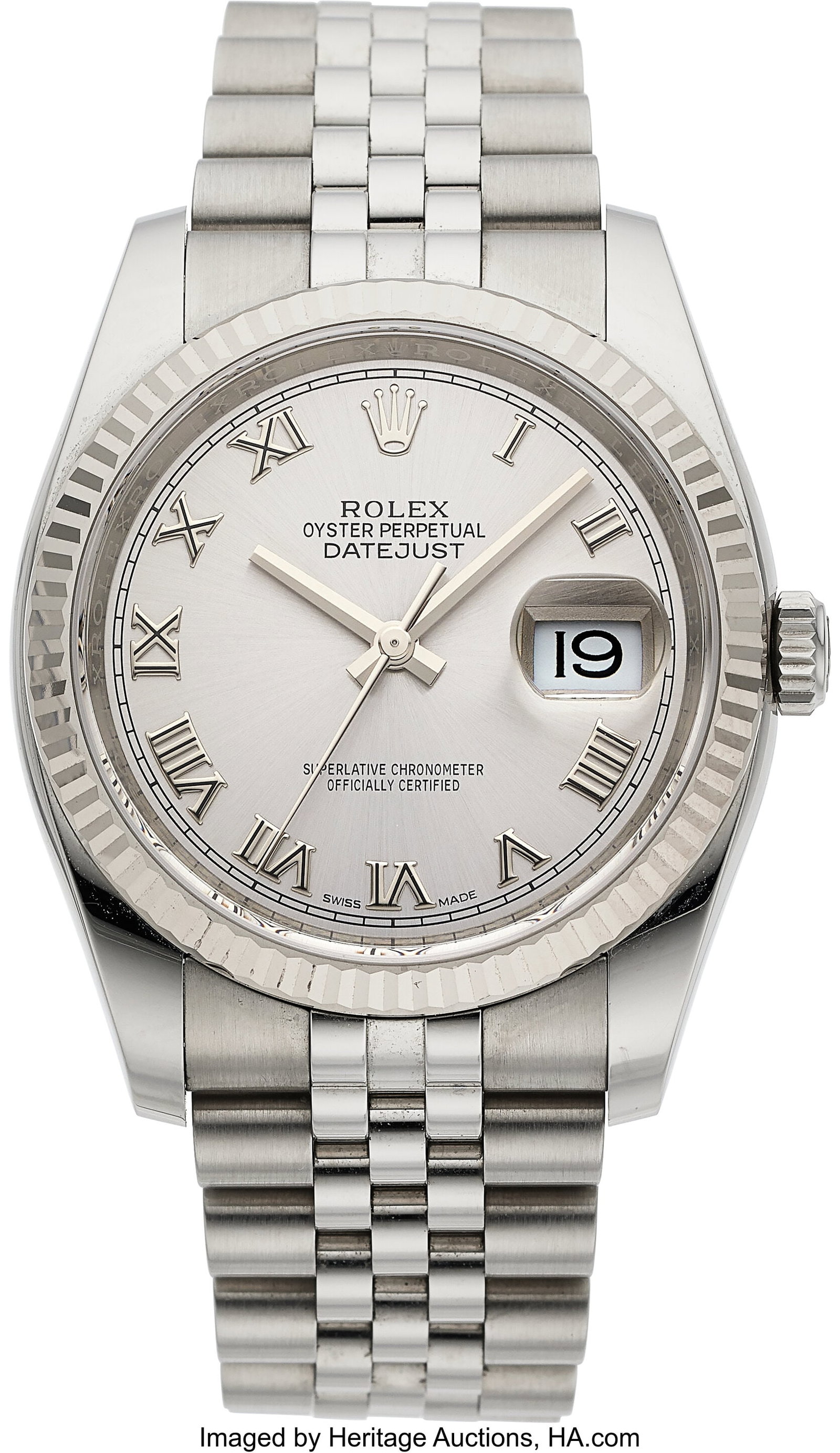 Rolex Oyster Perpetual Datejust, Steel and 18k W: Rolex Oyster Perpetual Datejust, Steel and 18k White Gold, Ref. 116234 Case: 36 mm, stainless steel and 18k white gold, three body, screw-down case back and 