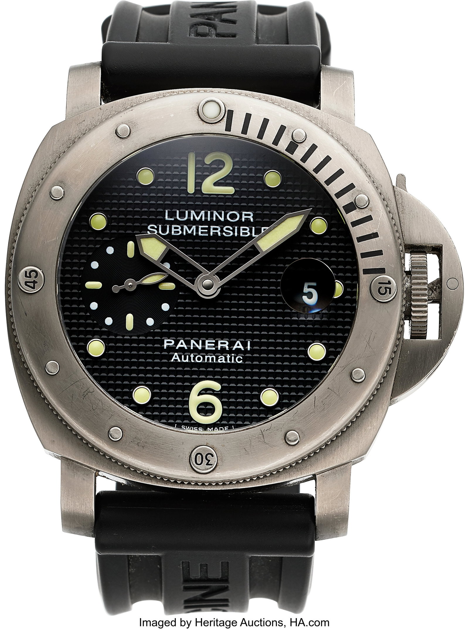 Panerai Luminor Submersible, Titanium, Full Set,: Panerai Luminor Submersible, Titanium, Full Set, Ref. PAM00025 Case: 45 mm, titanium, three body, screw-down case back, unidirectional ratcheted 
