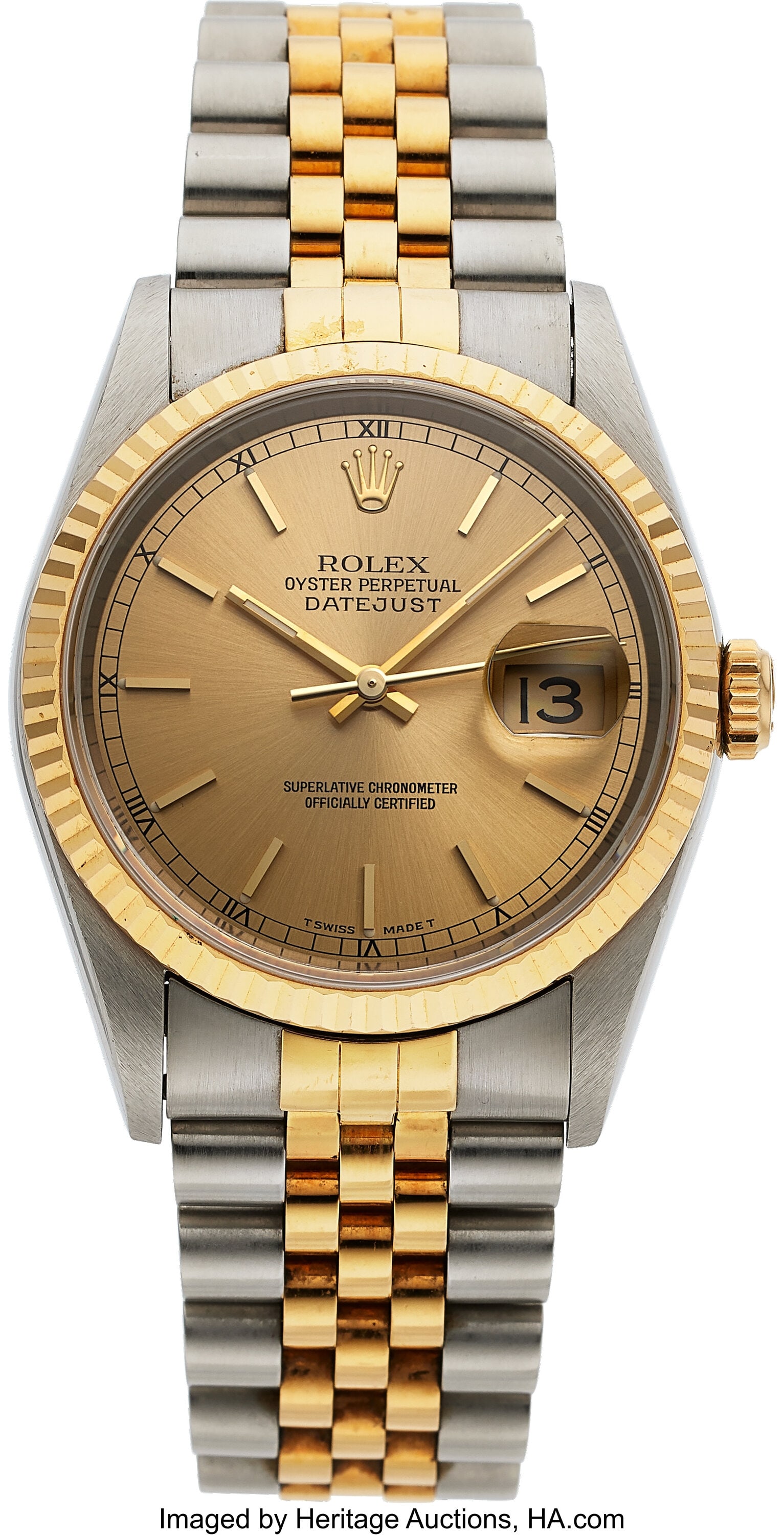 Rolex Oyster Perpetual Datejust, Steel and 18k Y: Rolex Oyster Perpetual Datejust, Steel and 18k Yellow Gold, Ref. 16233 Case: 36 mm, stainless steel and 18k yellow gold, three body, screw-down case back and