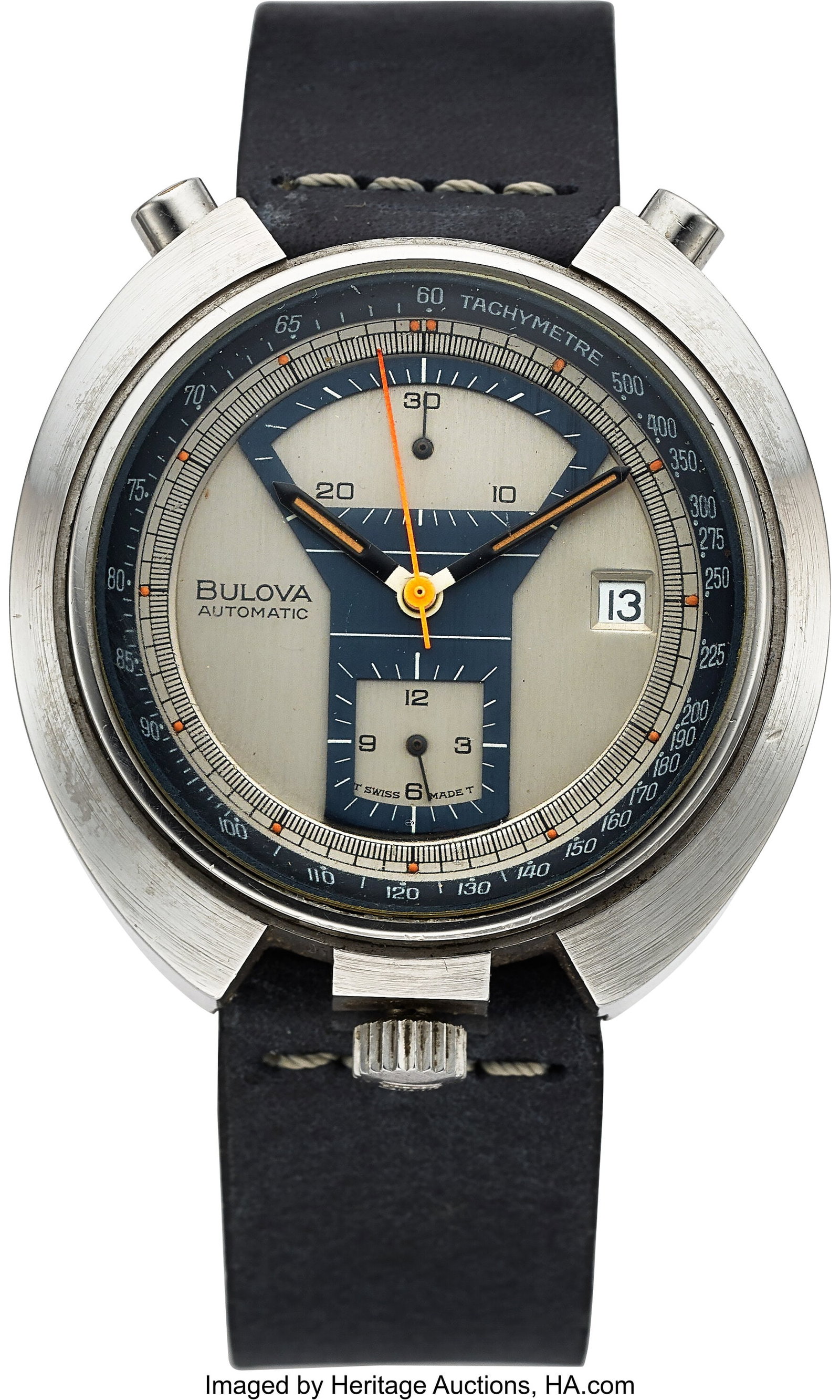 Bulova Bullhead "Parking Meter", Stainless Steel: Bulova Bullhead "Parking Meter", Stainless Steel Case: 43 mm, stainless steel, three body, screw-down case back, timer buttons at 11 and 1 o'clock, crown at