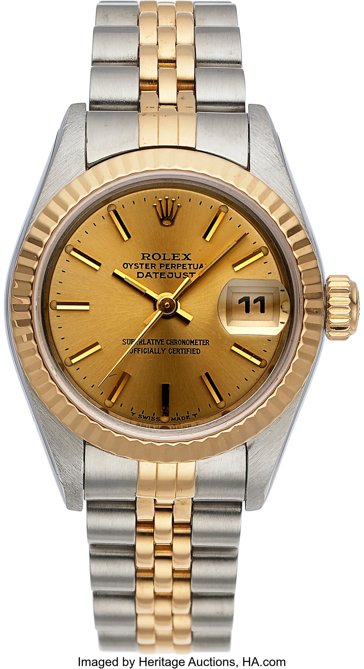 Rolex Lady's Oyster Perpetual Datejust, Two Tone: Rolex Lady's Oyster Perpetual Datejust, Two Tone Steel and Gold, Ref. 69173 Case: 26 mm, stainless steel and gold, three body, screw-down case back,