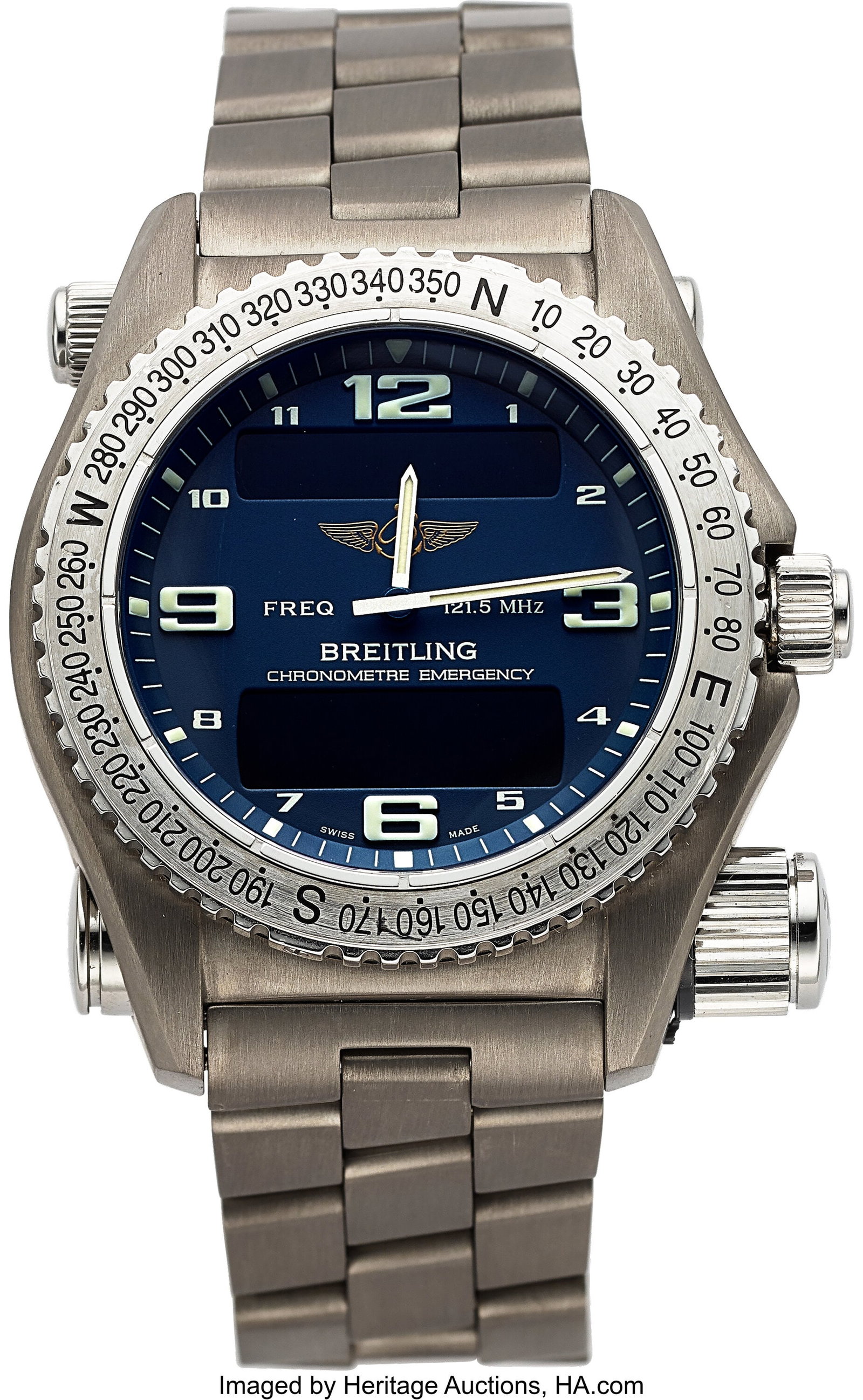 Breitling Emergency, 43 mm, Titanium, Ref. E7632: Breitling Emergency, 43 mm, Titanium, Ref. E76321 Case: 43 mm, titanium, three body, four screw case back, bidirectional rotating bezel,