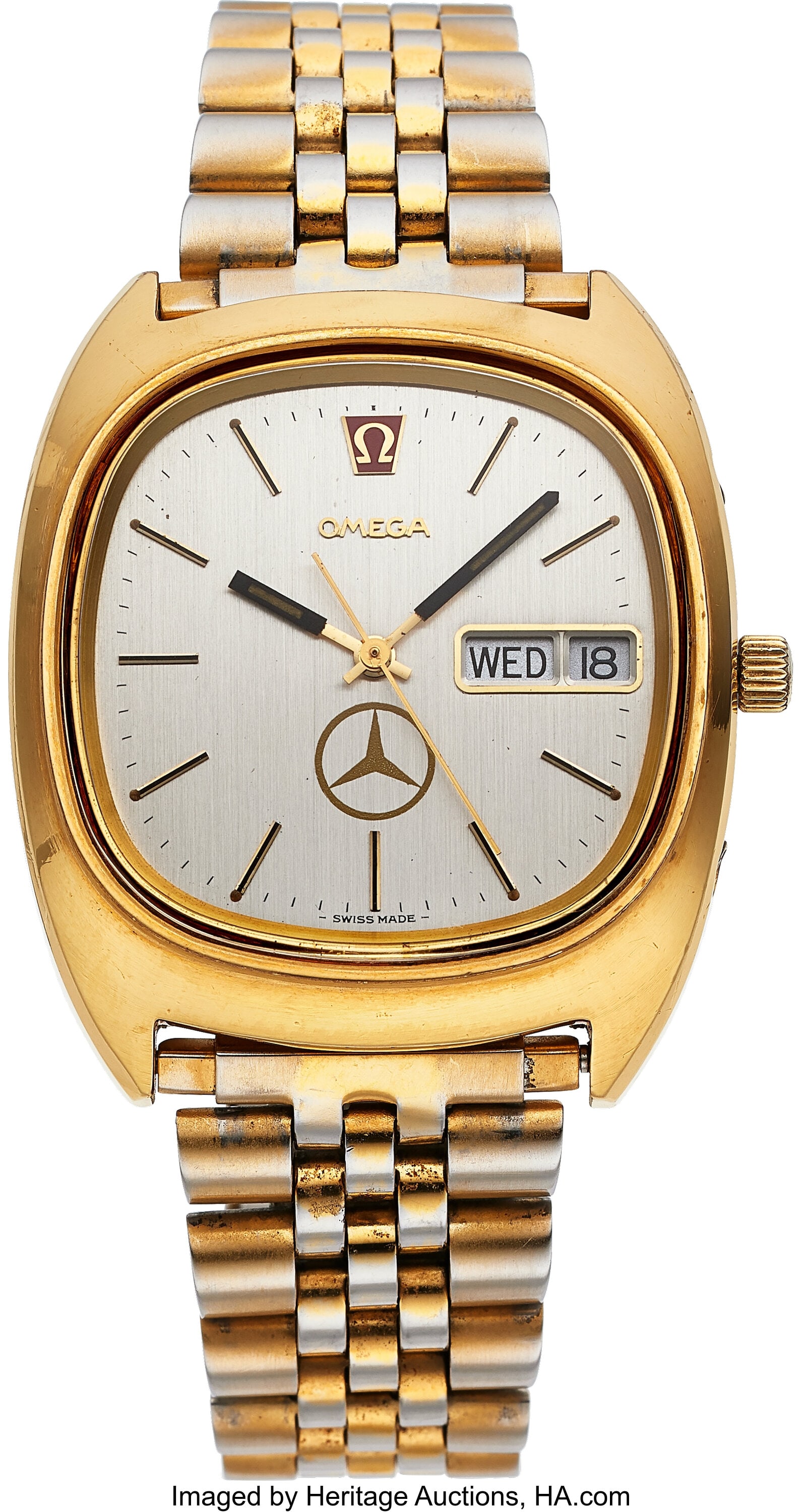 Omega Vintage Megaquartz Mercedes, Ref. 196.0038: Omega Vintage Megaquartz Mercedes, Ref. 196.0038 Case: 37 mm x 43 mm, steel and gold plate, two body, screw-down case back Dial: silvered dial,