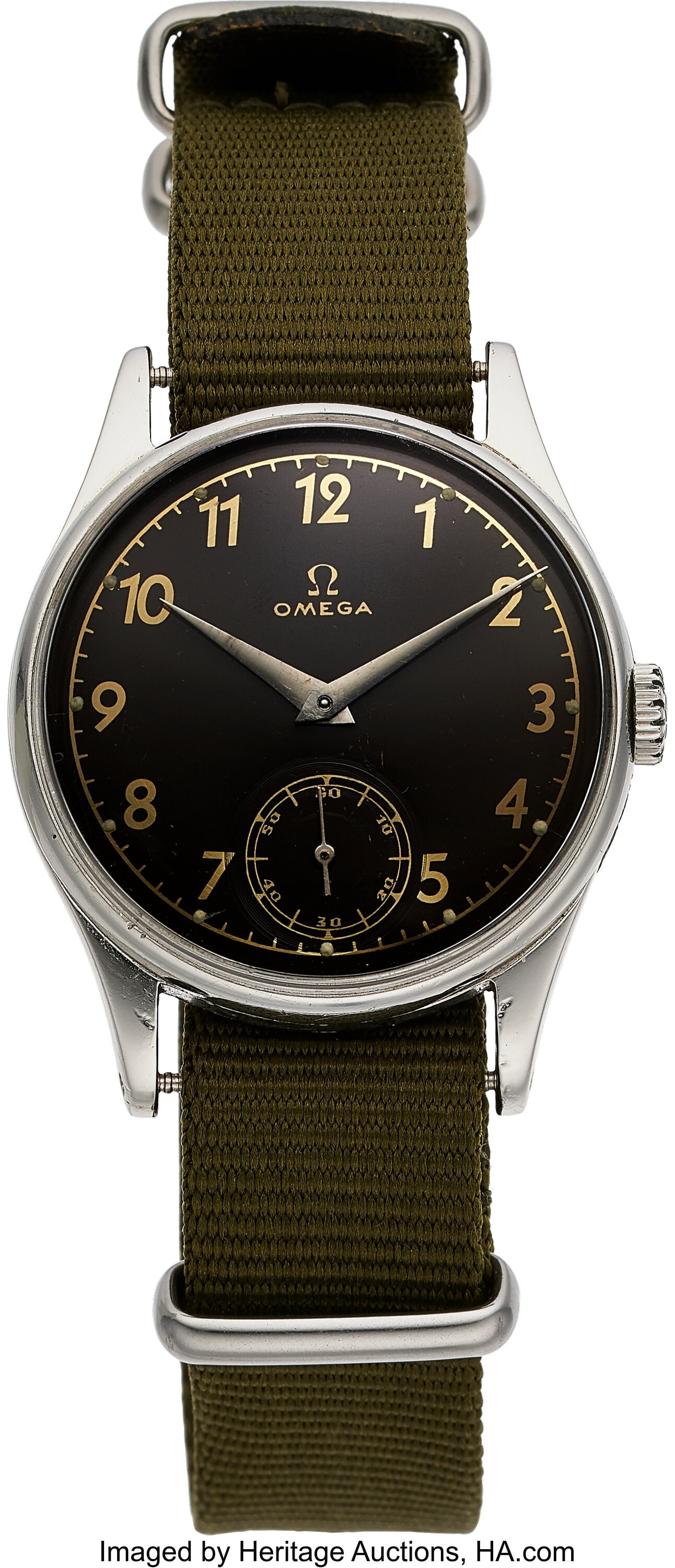 Omega Vintage Military Wrist Watch Case: 33 mm,: Omega Vintage Military Wrist Watch Case: 33 mm, stainless steel, three body, snap-on case back Dial: black dial, gold Arabic numerals, small seconds subdial a