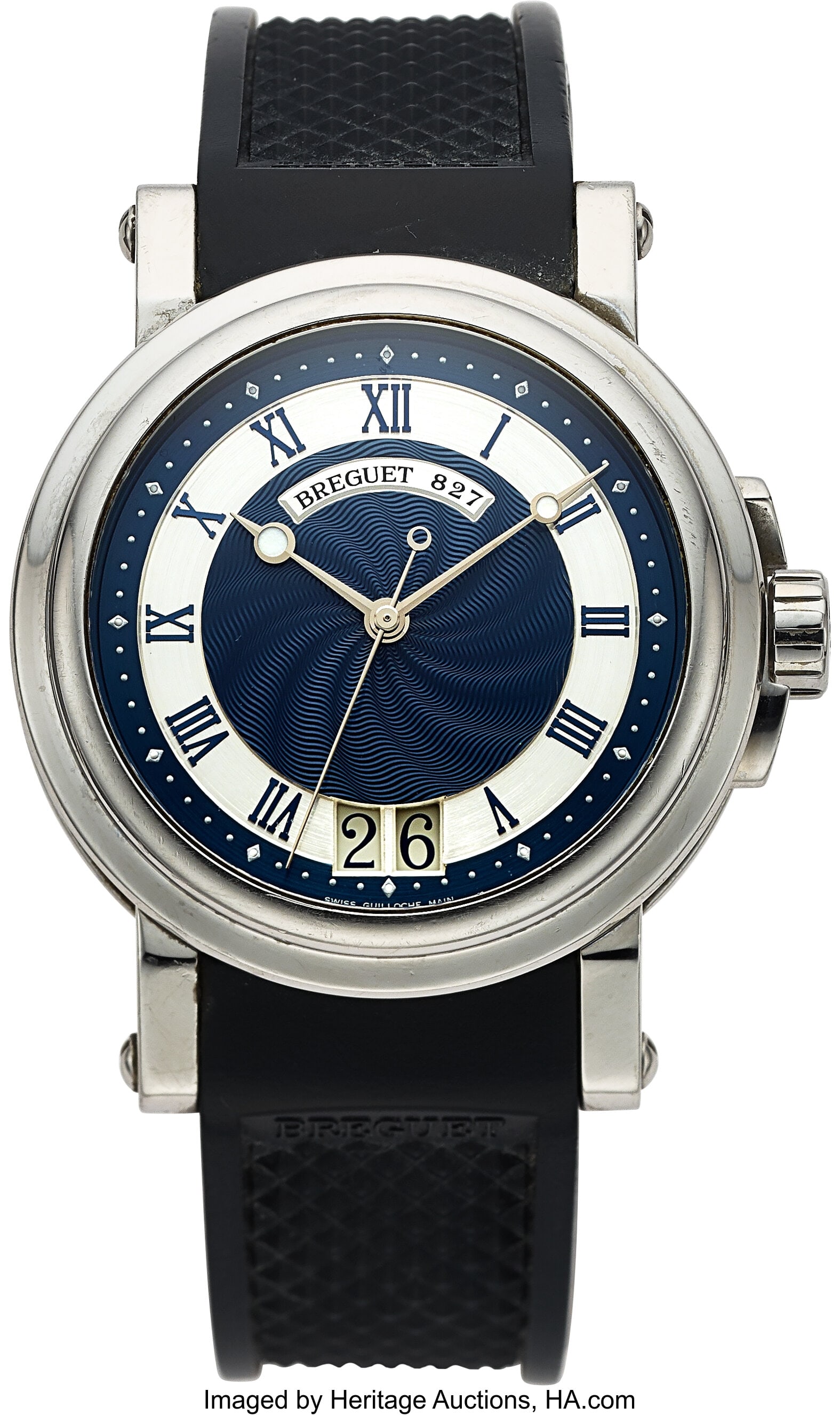 Breguet Marine Big Date, Blue Dial, Ref. 5817 C: Breguet Marine Big Date, Blue Dial, Ref. 5817 Case: 40 mm, stainless steel, three body, six screw exhibition case back, No. 827 Dial: blue