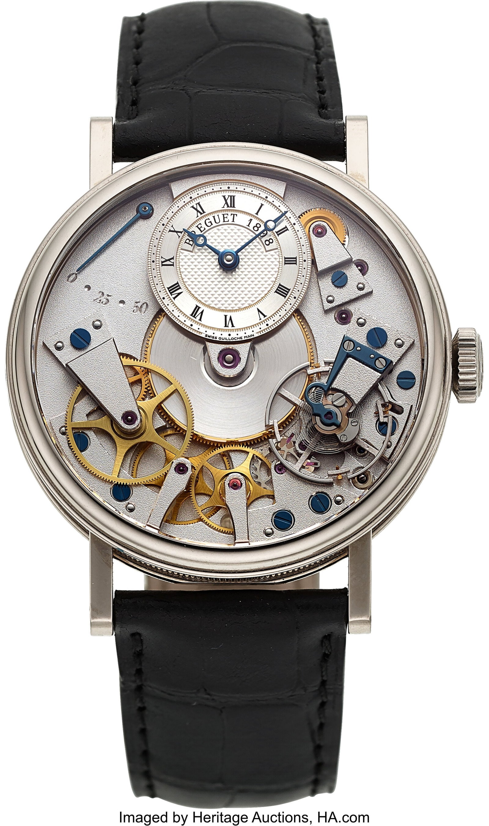 Breguet Tradition, 18k White Gold, Ref. 7027 Ca: Breguet Tradition, 18k White Gold, Ref. 7027 Case: 38 mm, 18k white gold, two body, exhibition case back, coin edge case Dial: grey skeleton dial