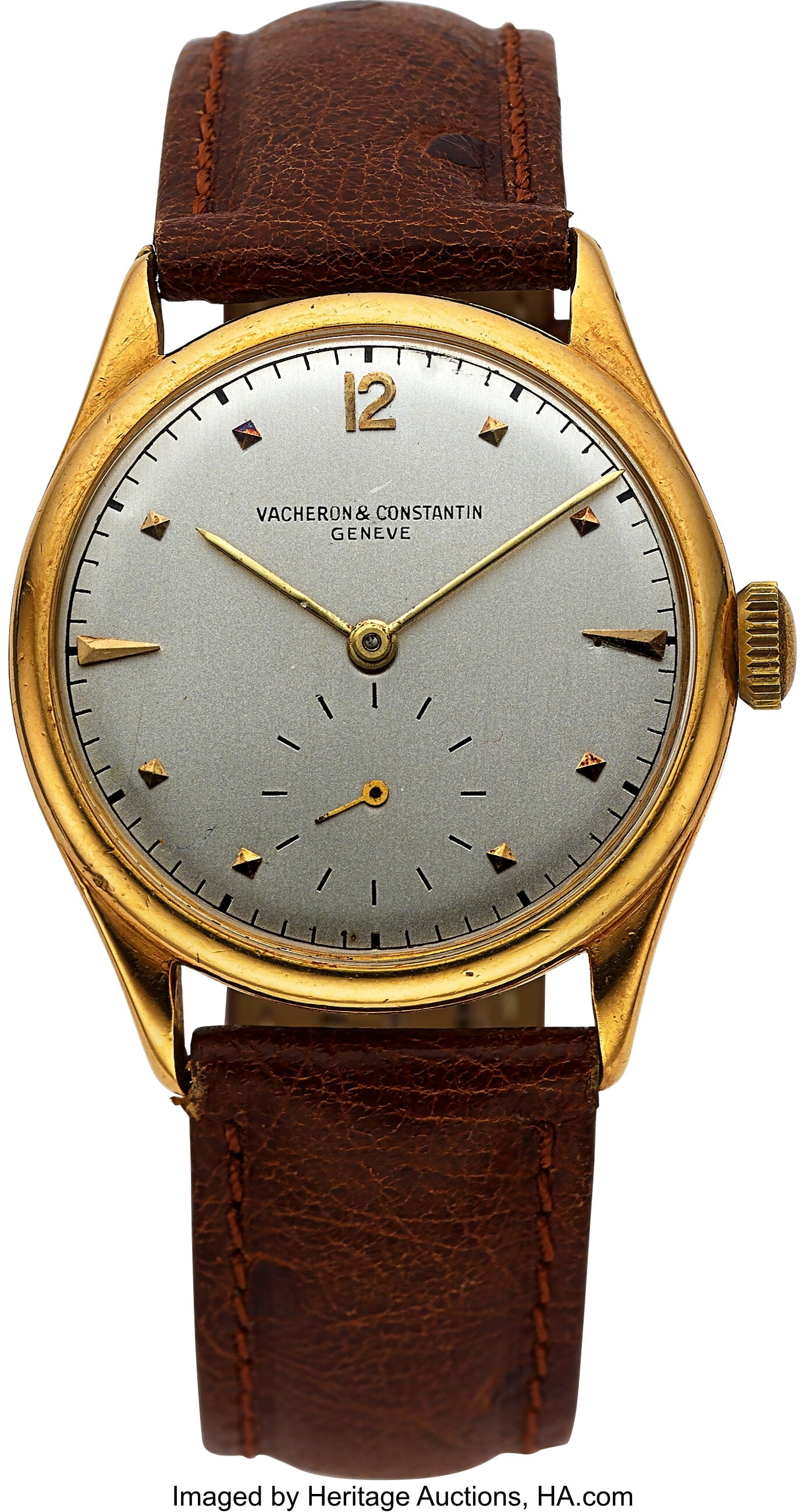 Vacheron & Constantin, Vintage 18k Gold Wristwat: Vacheron & Constantin, Vintage 18k Gold Wristwatch, circa 1948 Case: 34 mm, 18k yellow gold, three body, snap back, No. 322669 Dial: silvered