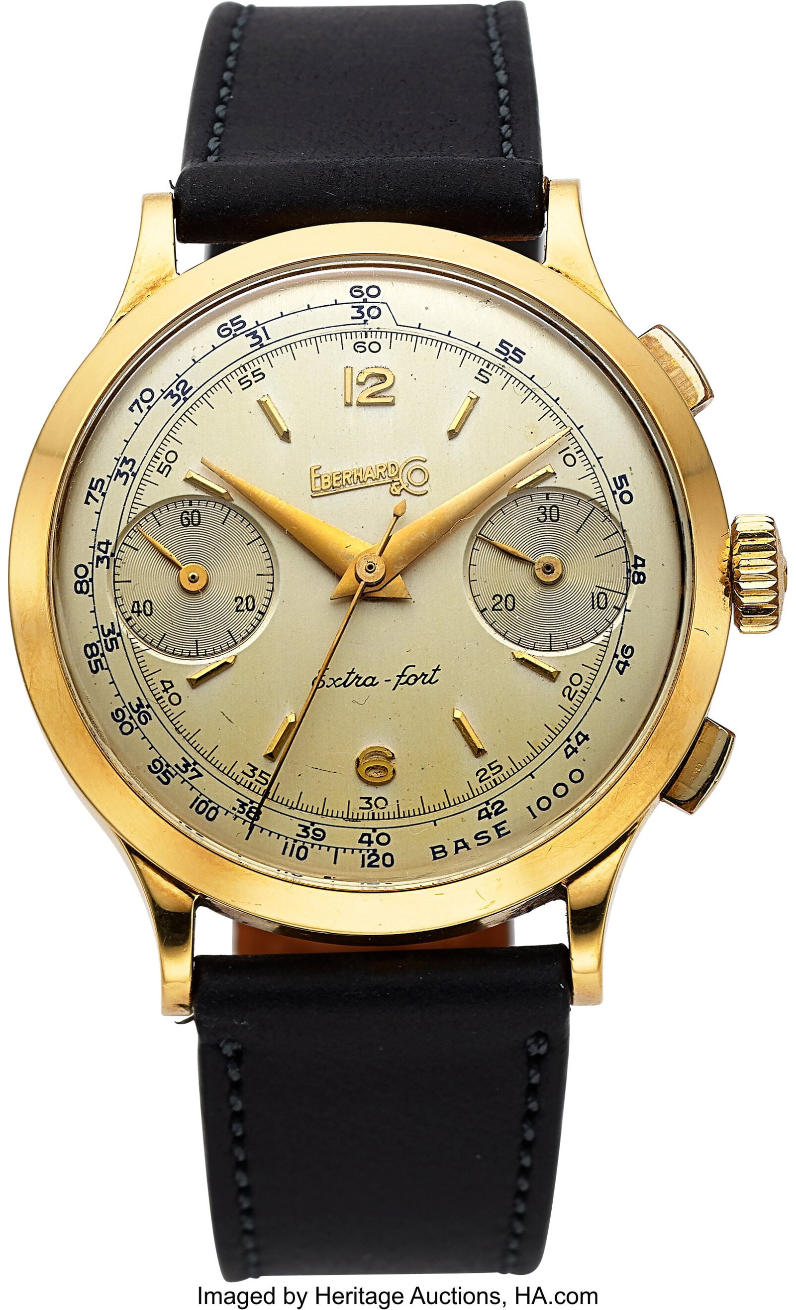 Eberhard & Co. Very Fine Large 18k Gold Extra-Fo: Eberhard & Co. Very Fine Large 18k Gold Extra-Fort Vintage Chronograph Case: 39 mm, 18k yellow gold, two body, solid case back, start/stop/reset button
