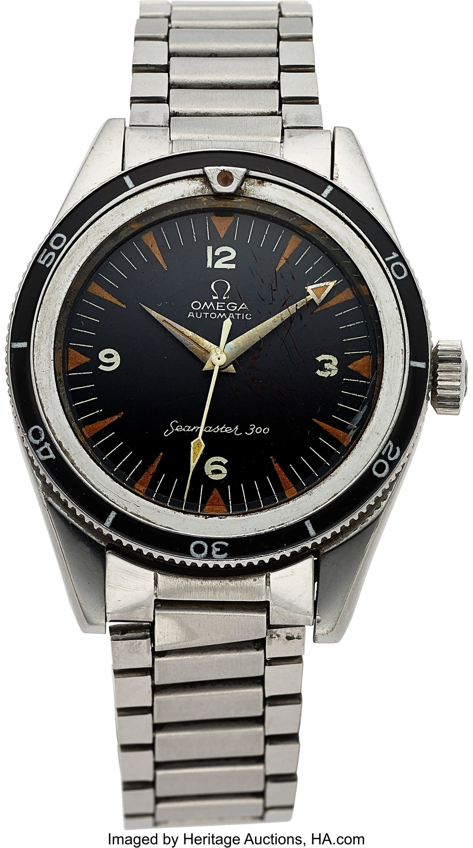 Omega 2913-3 Seamaster 300 Automatic, circa 1960: Omega 2913-3 Seamaster 300 Automatic, circa 1960's Case: 39 mm, stainless steel, rare original rotating bezel, screw down case back signed Certified High Pressure, 