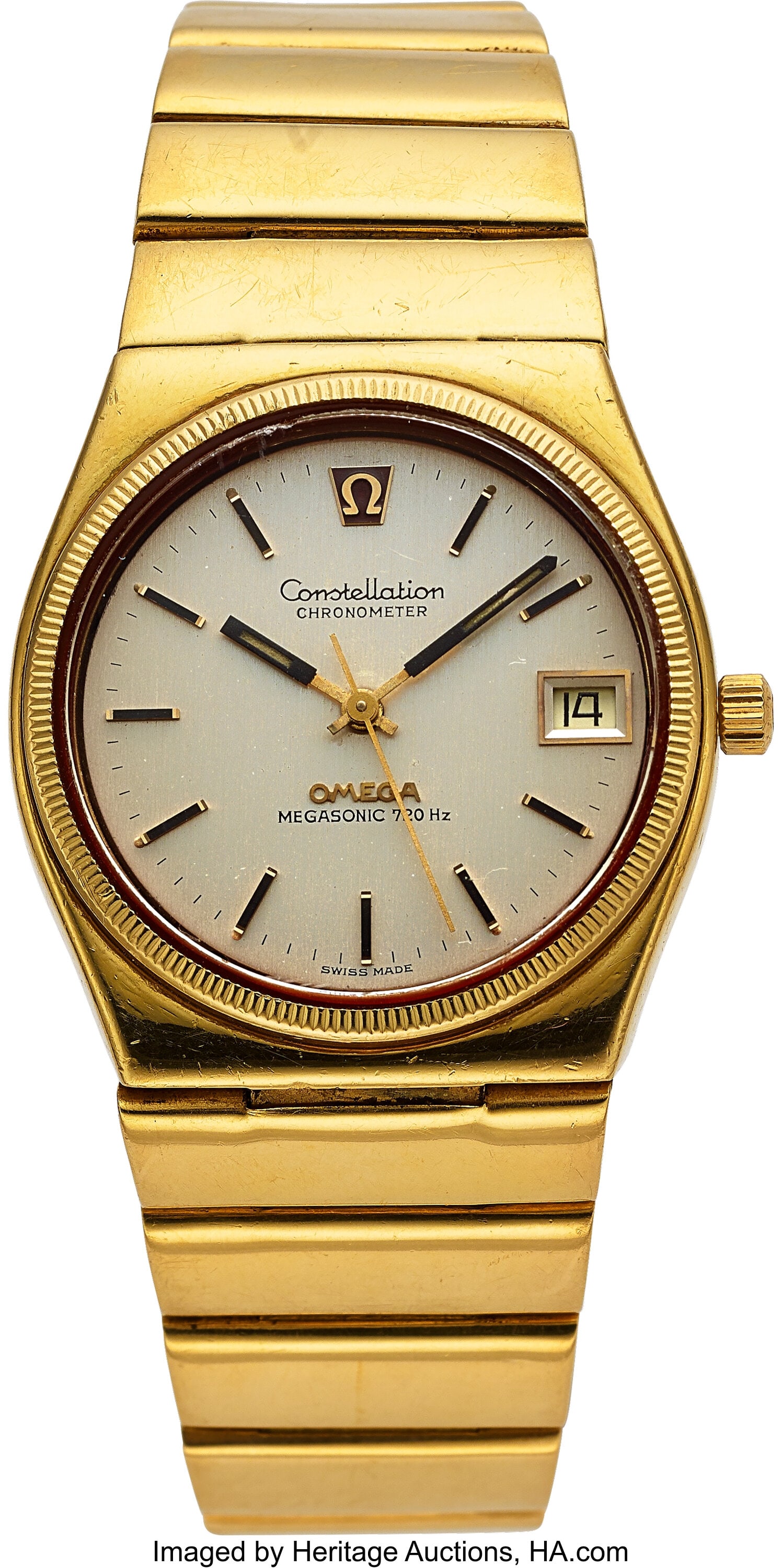 Omega, Heavy 18k Gold Constellation Ref. 398.081: Omega, Heavy 18k Gold Constellation Ref. 398.0819, circa 1972 Case: 36 mm, 18k gold, three body, solid screw back, reeded bezel Dial: silv