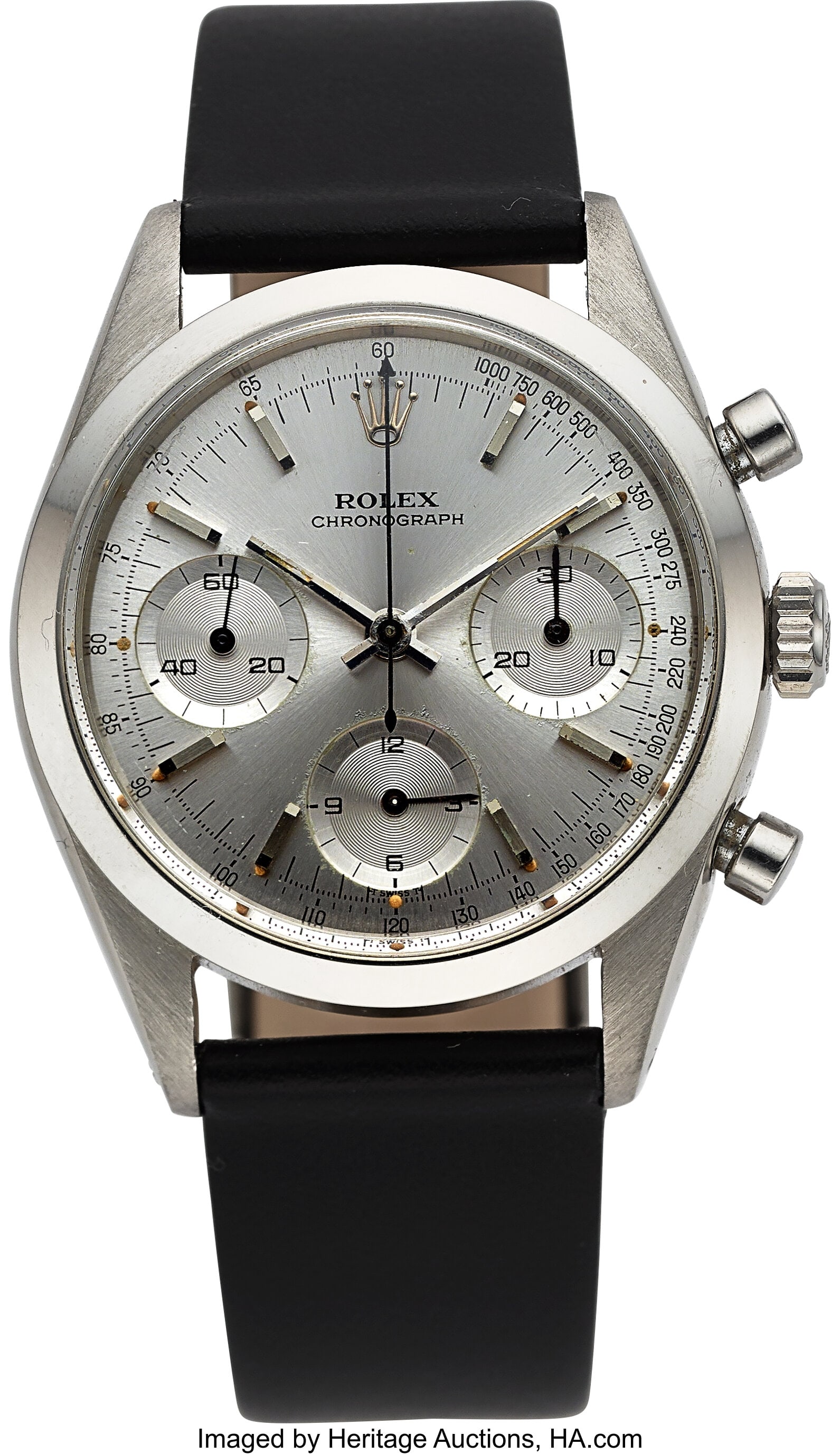 Rolex Chronograph, Rare Ref. 6238 Pre-Daytona St: Rolex Chronograph, Rare Ref. 6238 Pre-Daytona Steel Wristwatch, circa 1965 Case: 36 mm, stainless steel, three body, round push buttons, screw back&com