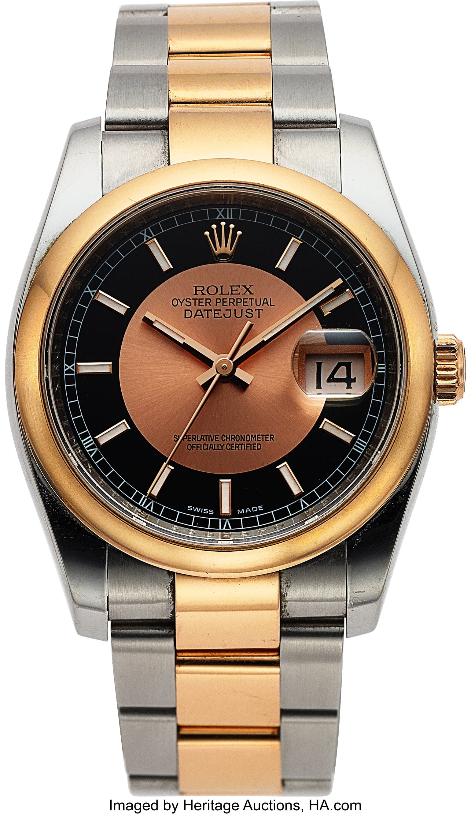 Rolex, Ref. 116201 Steel & Rose Gold Datejust, c: Rolex, Ref. 116201 Steel & Rose Gold Datejust, circa 2007 Case: 36 mm, stainless steel and rose gold, three body, solid screw back, rounded smooth 