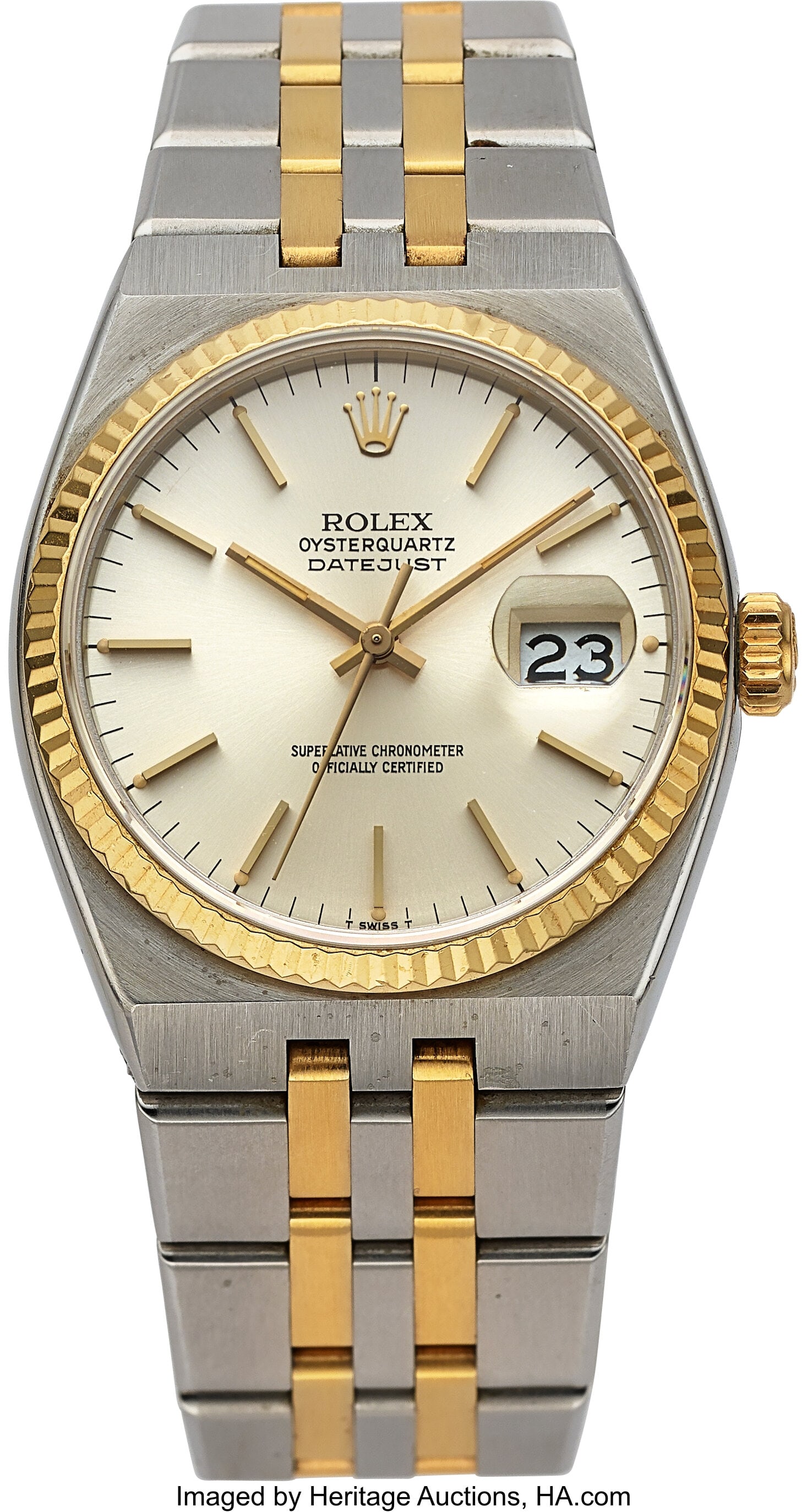 Rolex Oysterquartz Datejust, Two Tone Steel and : Rolex Oysterquartz Datejust, Two Tone Steel and 18k Yellow Gold, Ref. 17013 Case: 36 mm, stainless steel and 18k yellow gold, three body, screw-down case bac