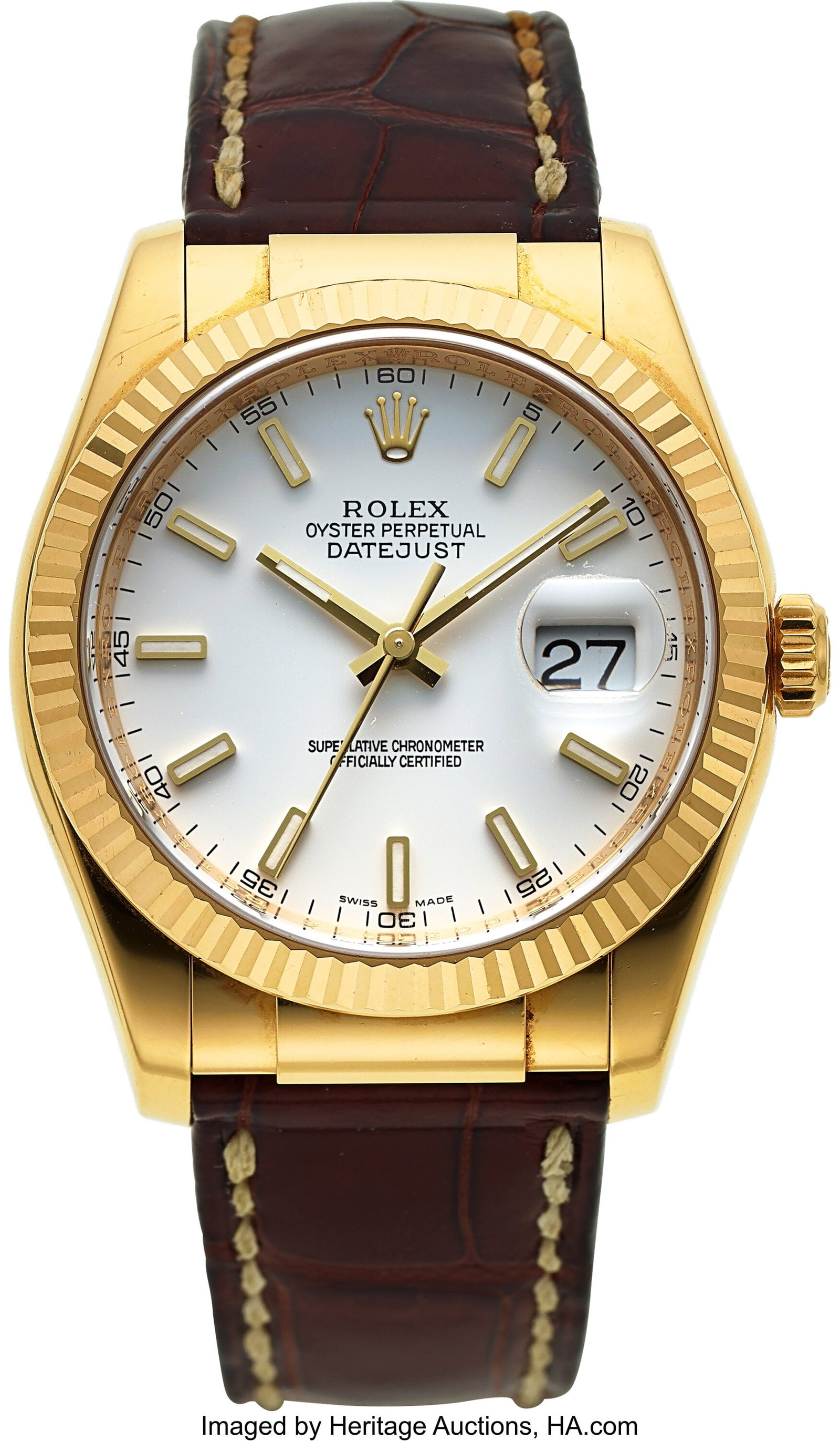 Rolex Oyster Perpetual Datejust, 18 Yellow Gold,: Rolex Oyster Perpetual Datejust, 18 Yellow Gold, Full Set Ref. 116138 Case: 36 mm, 18k yellow gold, three body, screw-down case back and crown, fixed f