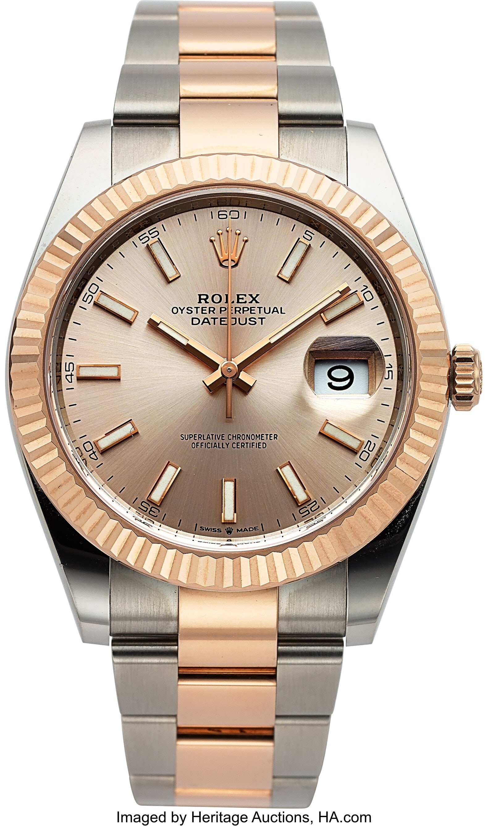 Rolex, Unused Two Tone Everose Datejust, Full Se: Rolex, Unused Two Tone Everose Datejust, Full Set, Ref. 126331, circa 2025 Case: 41 mm, stainless steel and 18k Everose gold, three body, screw-d