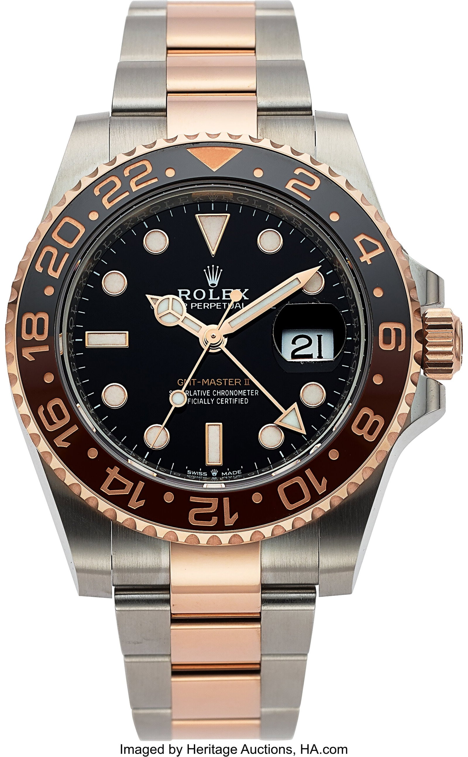 Rolex Oyster Perpetual GMT Master II "Root Beer": Rolex Oyster Perpetual GMT Master II "Root Beer", Two Tone Steel and 18k Rose Gold, Full Set, Ref. 126711CHNR Case: 40 mm, stainless steel and 18k rose gold,