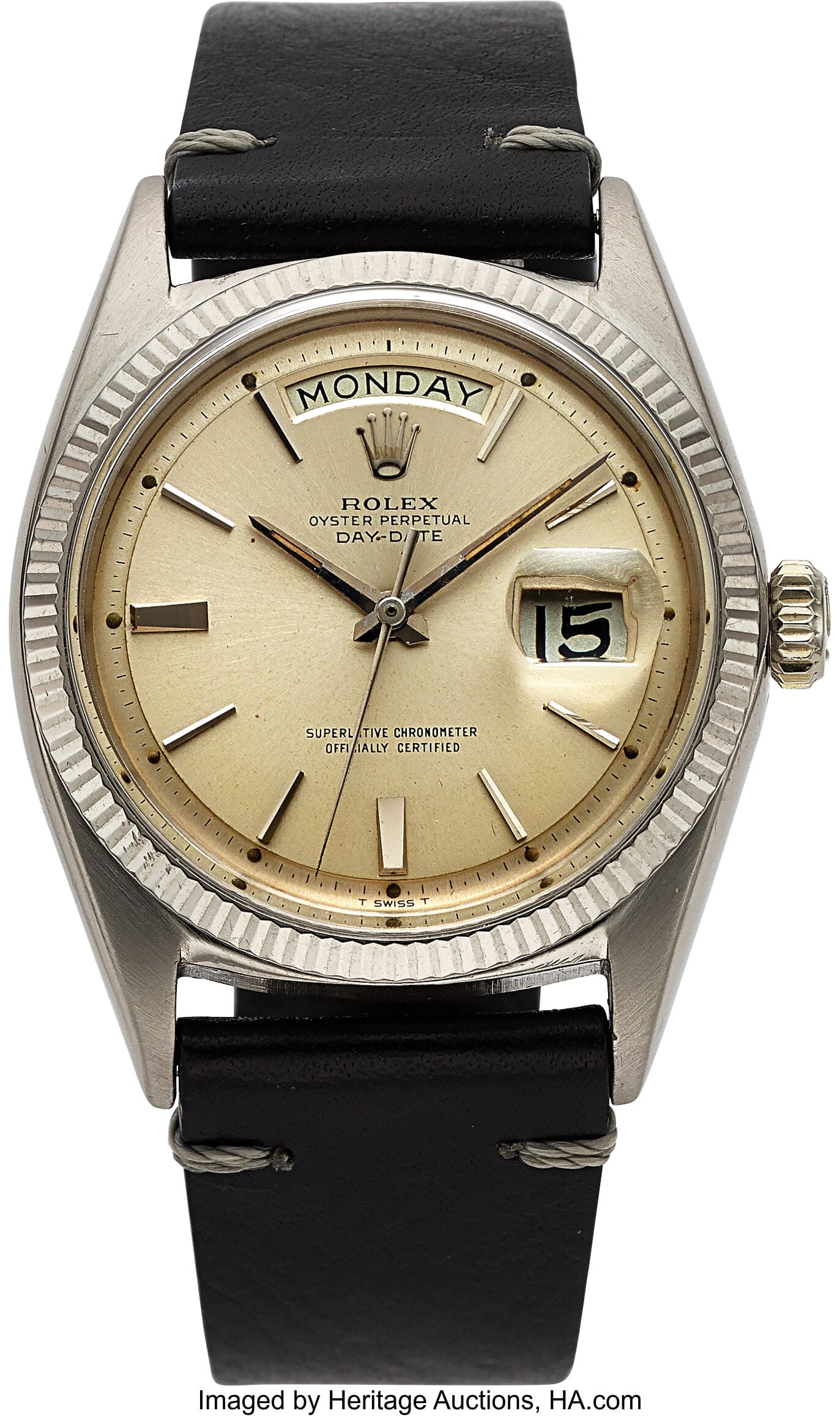Rolex Oyster Perpetual Day-Date, 18k White Gold,: Rolex Oyster Perpetual Day-Date, 18k White Gold, Ref. 1803 Case: 36 mm, 18k white gold, three body, screw-down case back, fixed fluted bezel Dial&colon