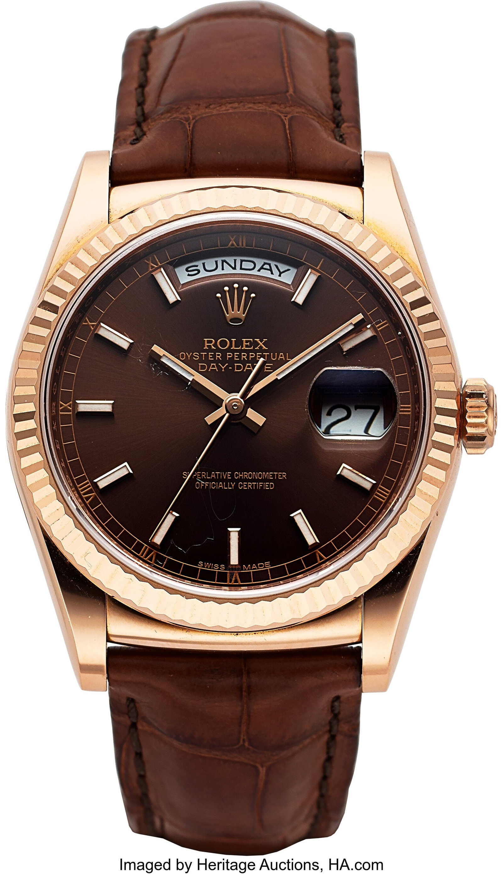 Rolex Day-Date, 18k Everose Gold, Chocolate Dial: Rolex Day-Date, 18k Everose Gold, Chocolate Dial, Ref. 118135 Case: 36 mm, 18k Everose gold, three body, screw-down case back and crown, fixed fl