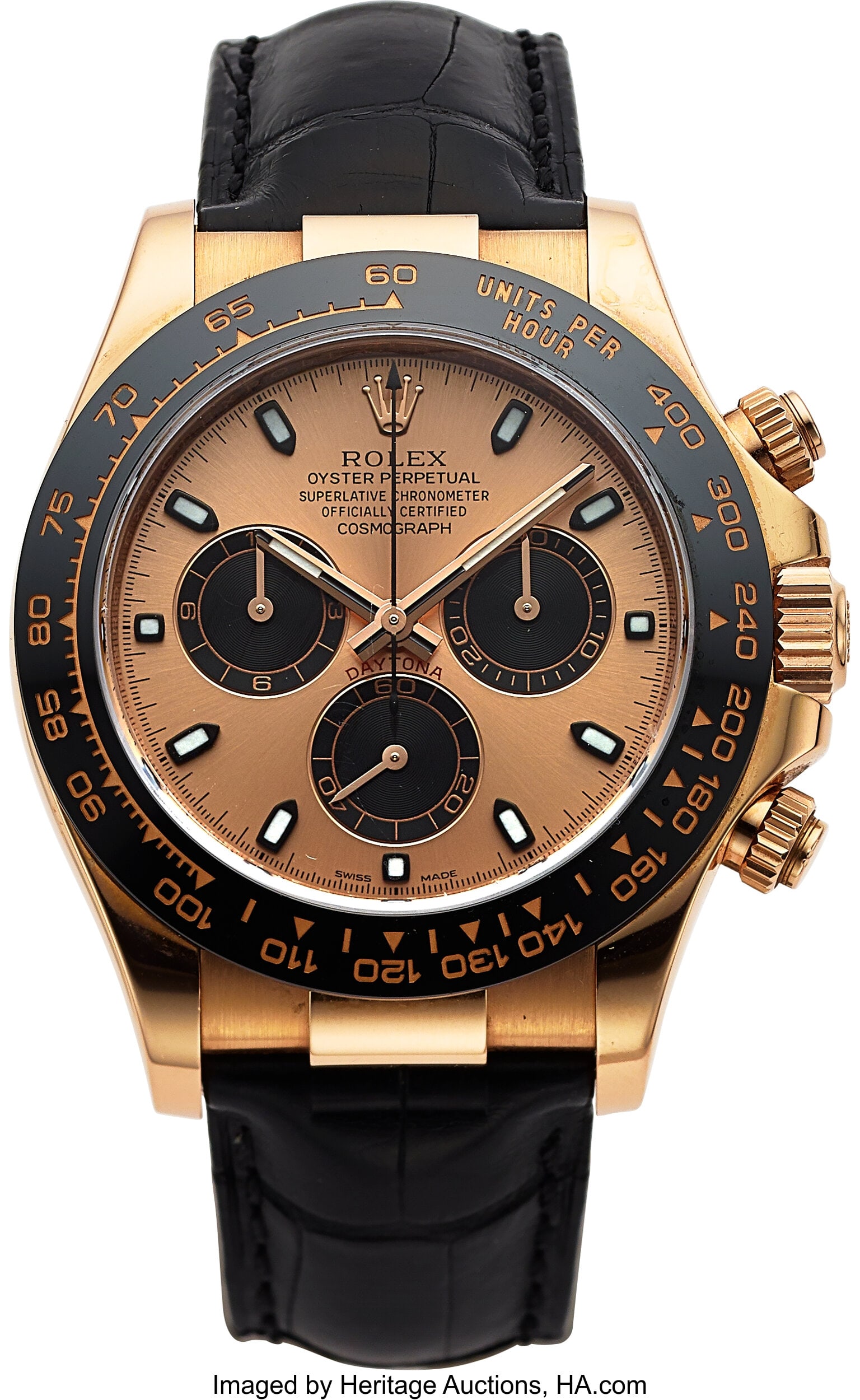 Rolex Cosmograph Daytona, 18k Rose Gold, Full Se: Rolex Cosmograph Daytona, 18k Rose Gold, Full Set, Ref. 116515 Case: 40 mm, 18k rose gold, three body, screw-down case back, crown, and tim