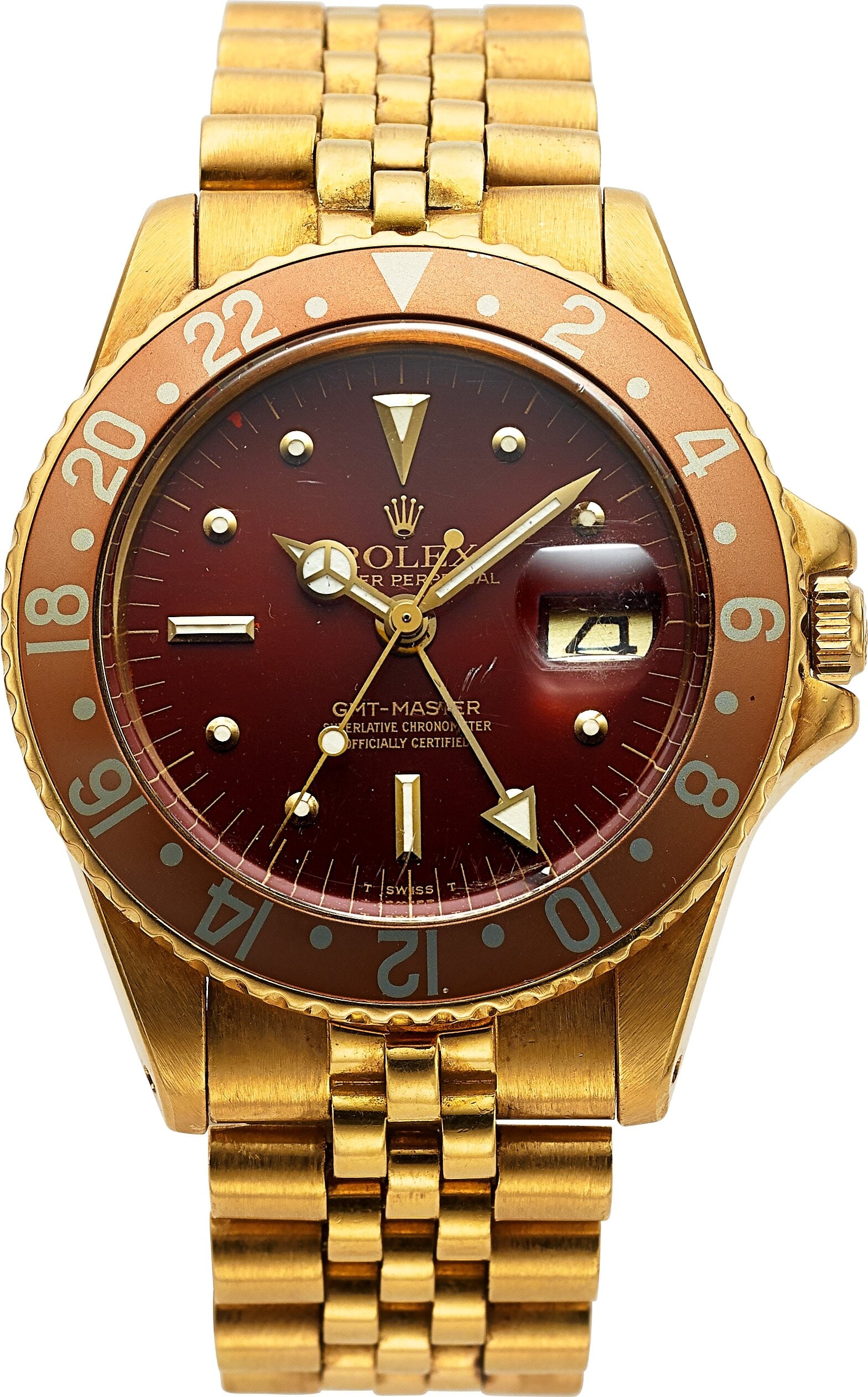 Rolex Oyster Perpetual GMT-Master "Root Beer", C: Rolex Oyster Perpetual GMT-Master "Root Beer", Chocolate Dial, Nipple Set, Ref. 1675 Case: 40 mm, 18k yellow gold, three body, screw-down case back&com
